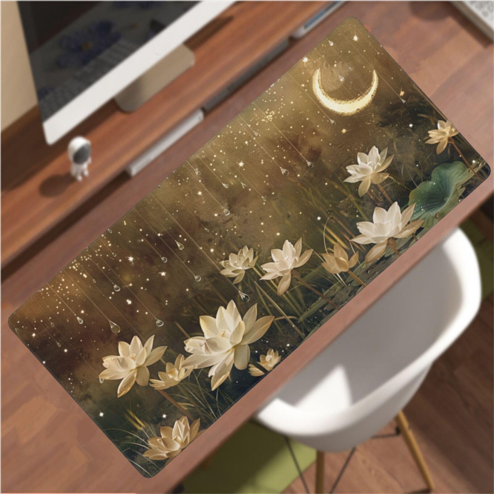 Duża podkładka pod mysz lotos, podkładka pod mysz z księżycem XXL 1200 x 600 x 3 mm, akcesoria biurowe z antypoślizgową podstawą, lepsza szybkość i precyzja gładka powierzchnia do komputera,
