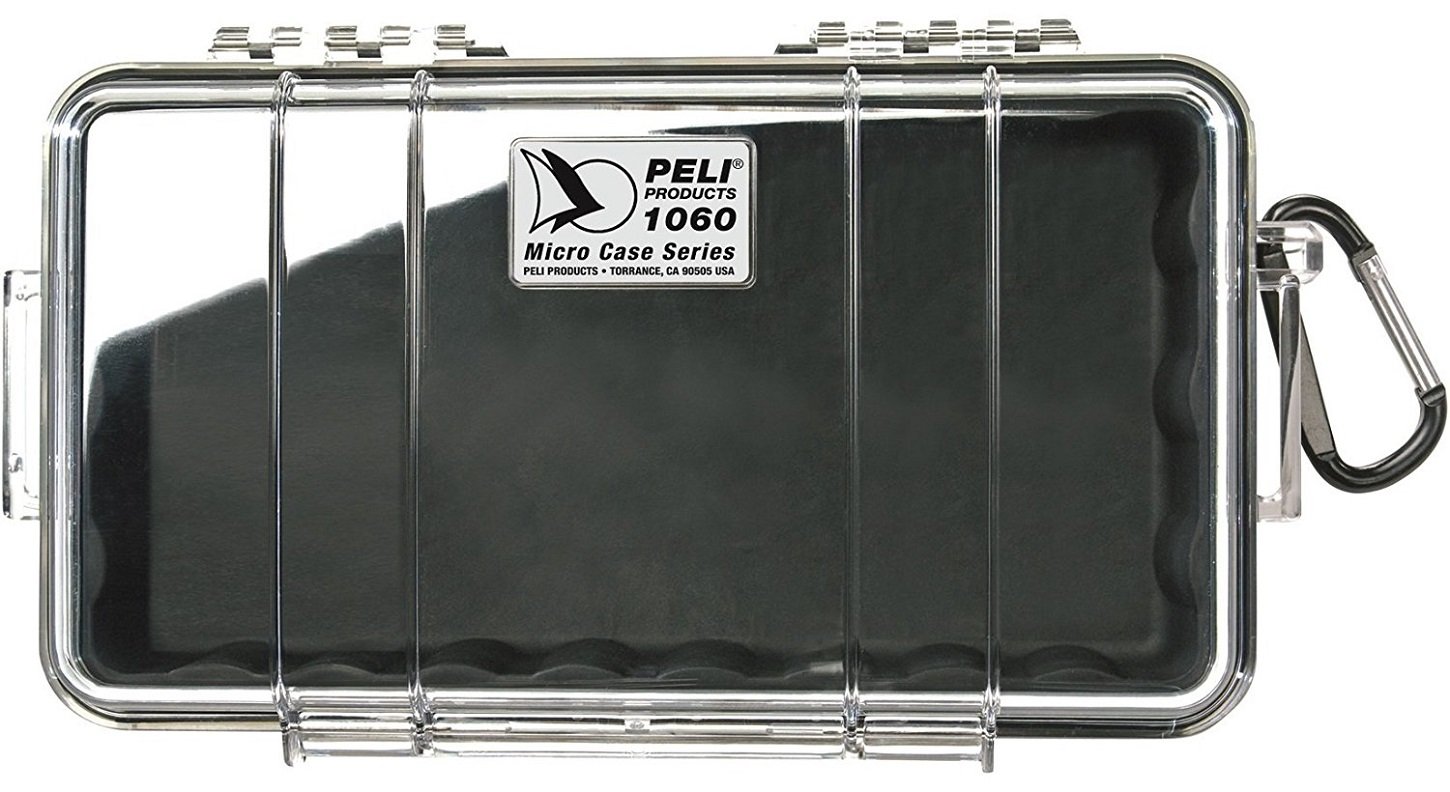 PELI 1060 Skrzynia ochronna Micro Case na drobiazgi, wodoszczelna i pyłoszczelna (IP67), pojemność 1,3 l, wyprodukowana w USA, przezroczysta/czarna wkładka