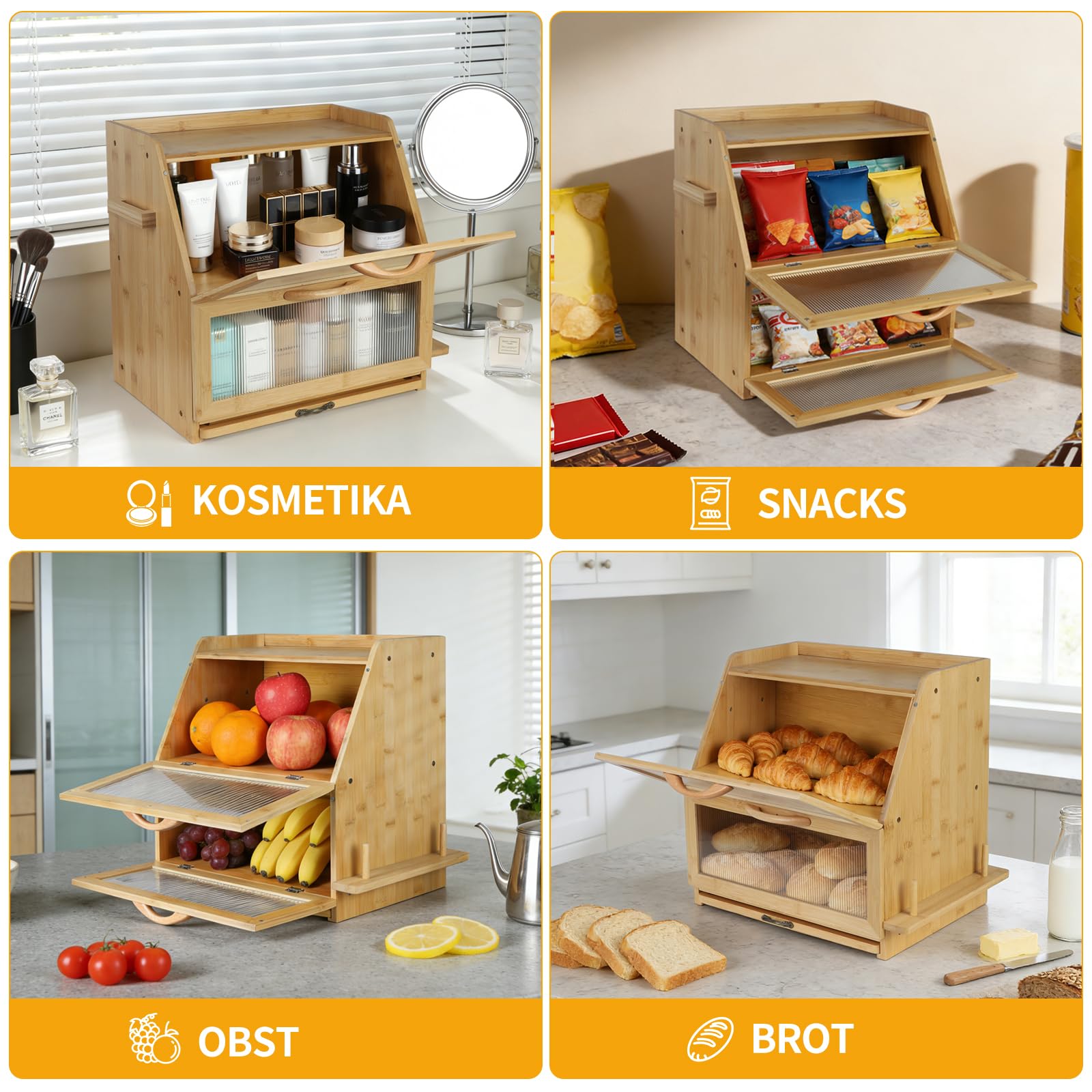Brotkasten Bambus, Doppelte Schicht Brotbox mit Schneidebrett und Sichtfenster, Brot Aufbewahrungsbox Brotbehälter für Hörnchen, Brötchen, Brotaufbewahrung, 38 x 27 x 39 cm, Natur
