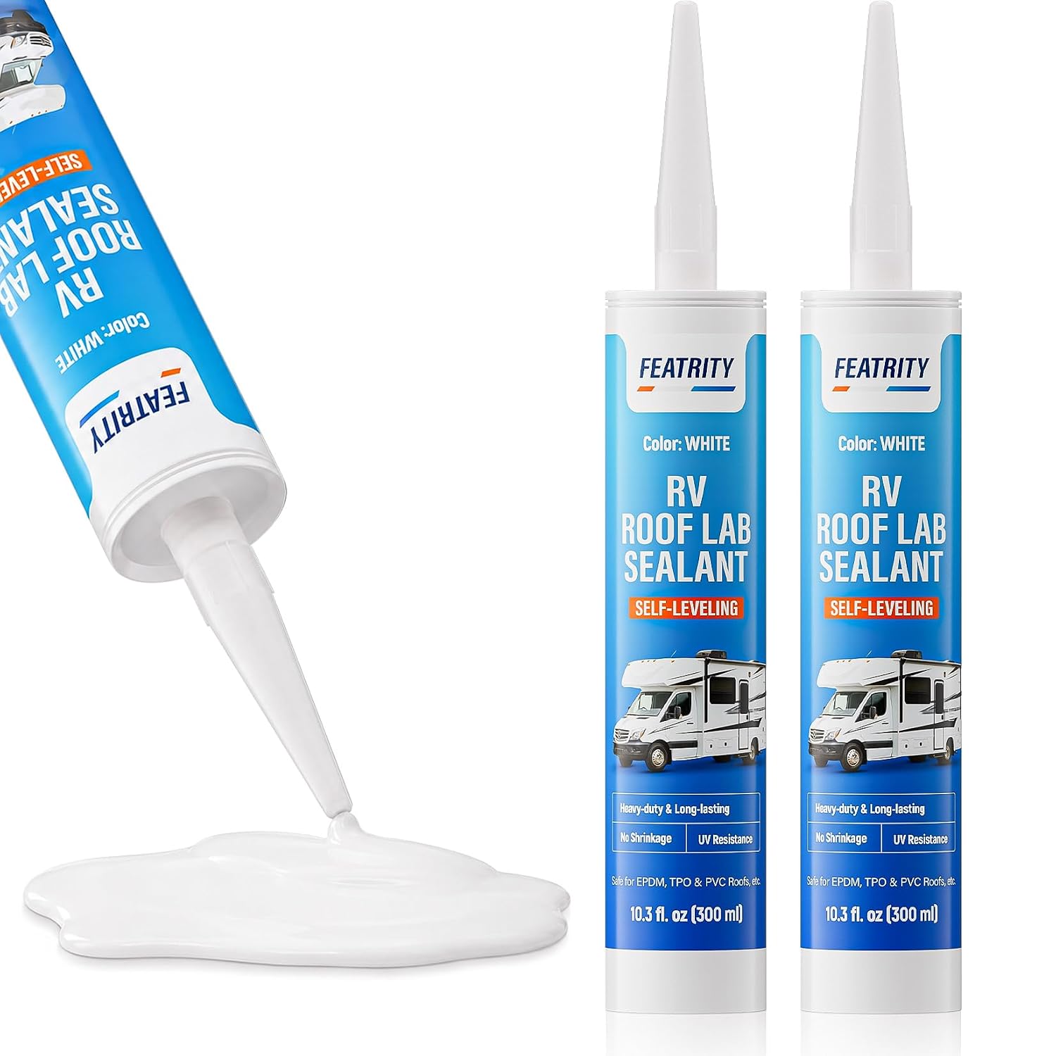 RV Roof Flexible Sealant White: Self Leveling Silicone Lap Sealant for RV Roofs Exterior Caulking Road Trips Daily Care RV Owners 10 oz, 2-Pack