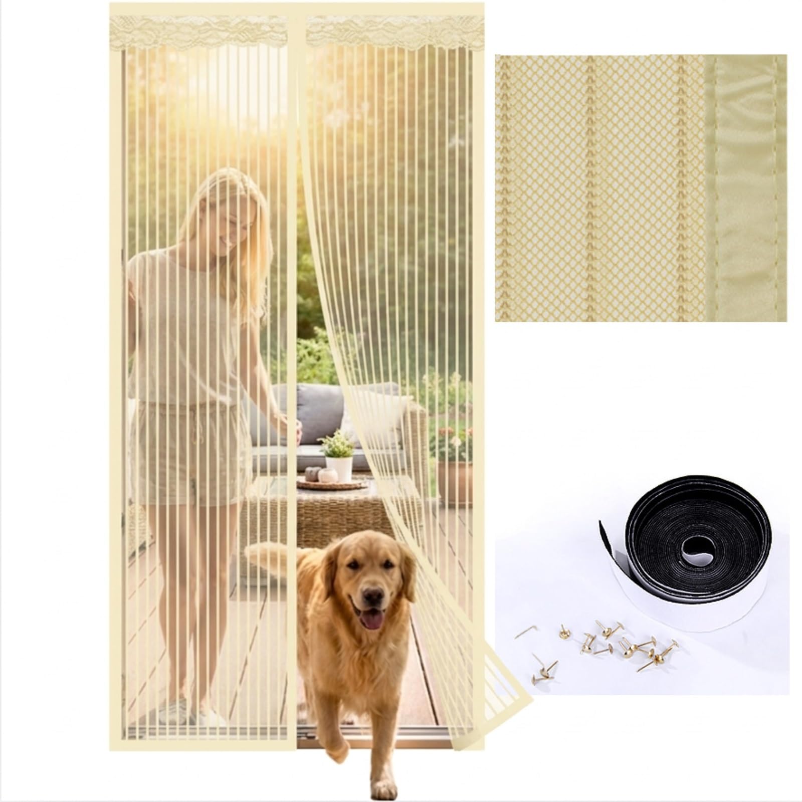 Moustiquaire porte aimantée beige anti insecte à fermeture automatique rapide