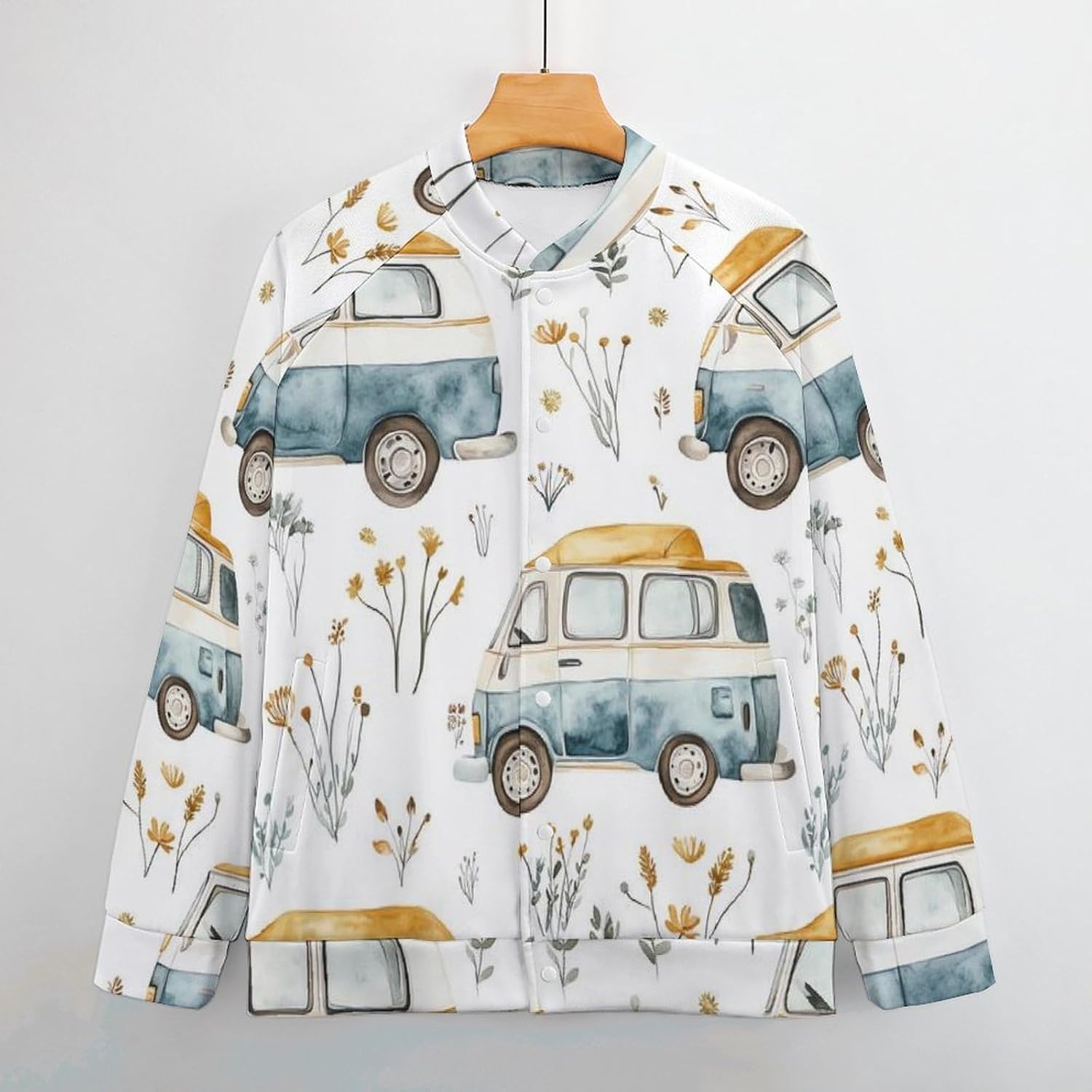 Cute Campervan RV Vehicle Men's Bomber Jacket Baseball Casual Button Coat With Pocket