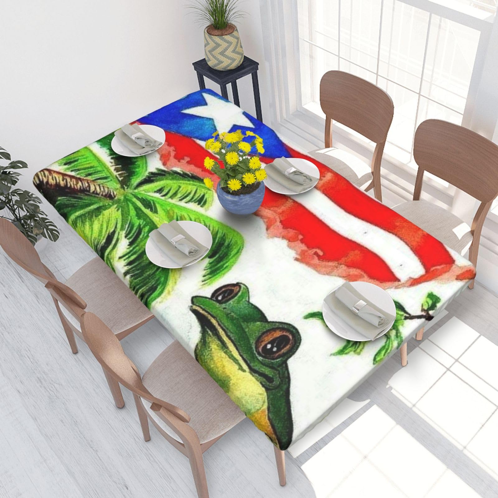 BNVSADC Puerto Rico Flag Frog Palm Trees Printed 4FT Tablecloth 122x76 CM Polyester Kitchen Water Resistant Table Cloth Dining Table Decoration Table Covers