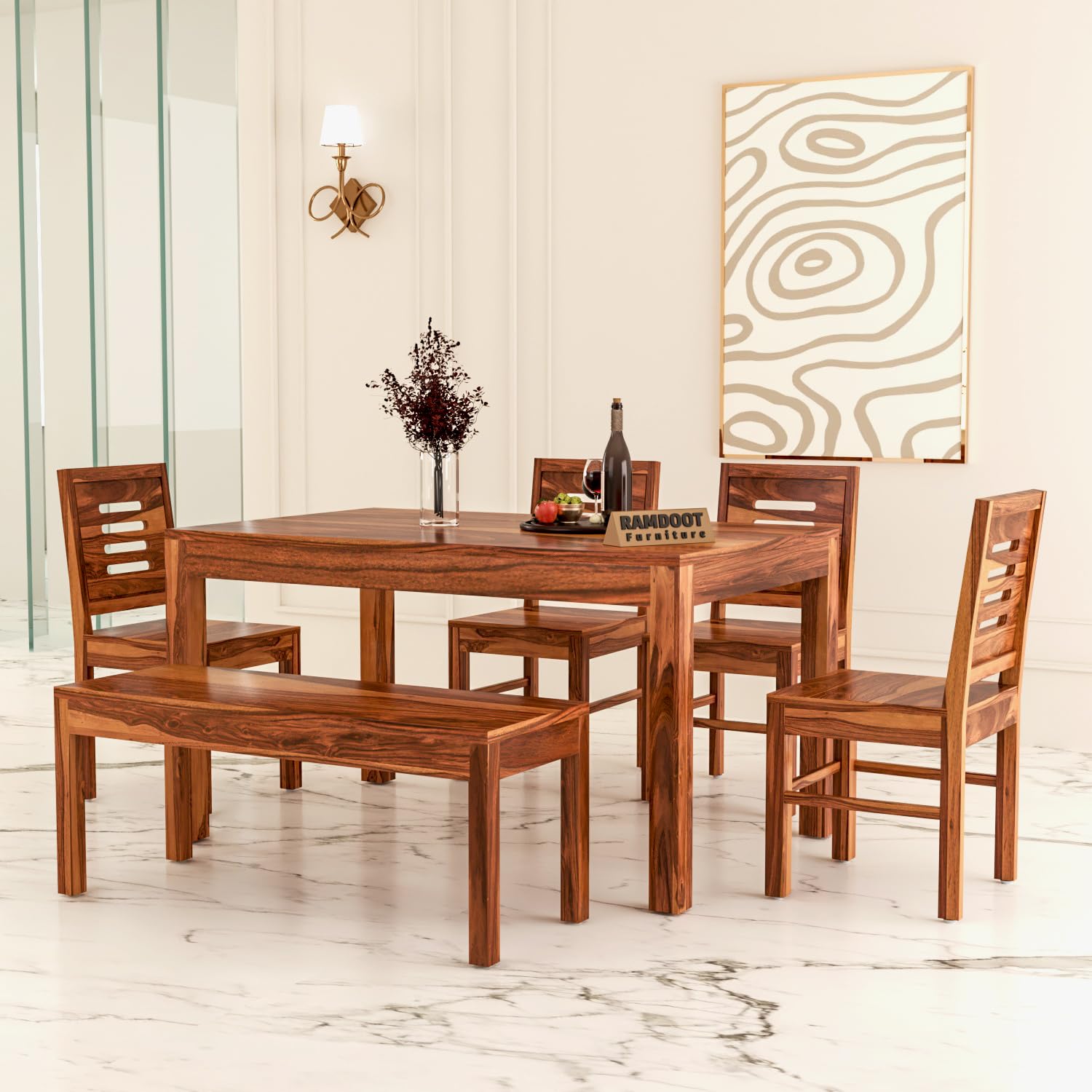 Ramdoot Furniture Solid Sheesham Wood Dining Table Set 6 Seater | Six Seater Dining Table 6 Seater with 4 Chairs & 1 Bench for Living Room | 6 Seater Dining Set for Hotel Restaurant Dinning Room|Honey