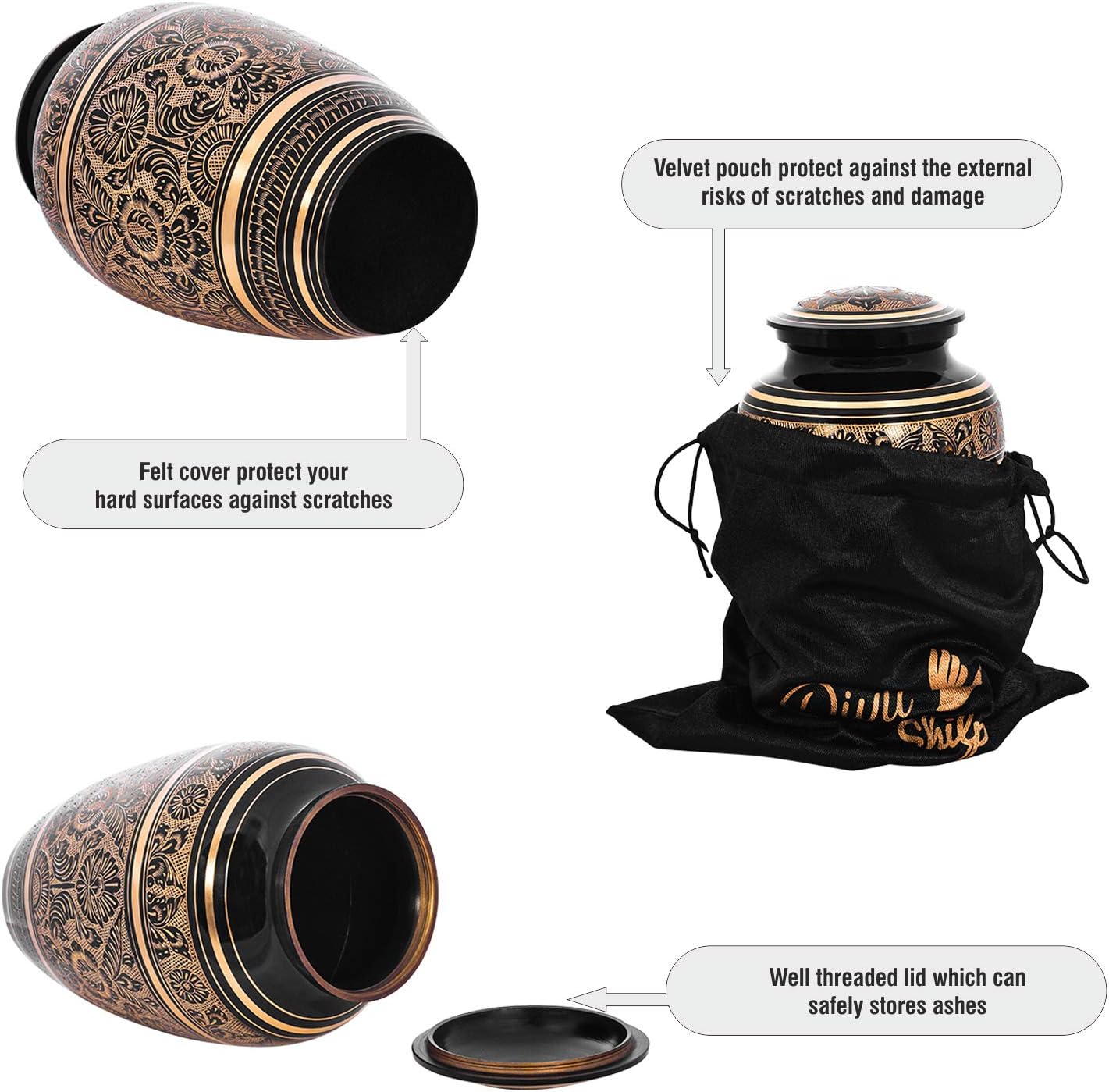 Cremation Urn for Human Ashes with Satin Bag, for Adults up to 200 lbs | Large Handcrafted Funeral Urns by Divit Shilp (Adult, Black Art)