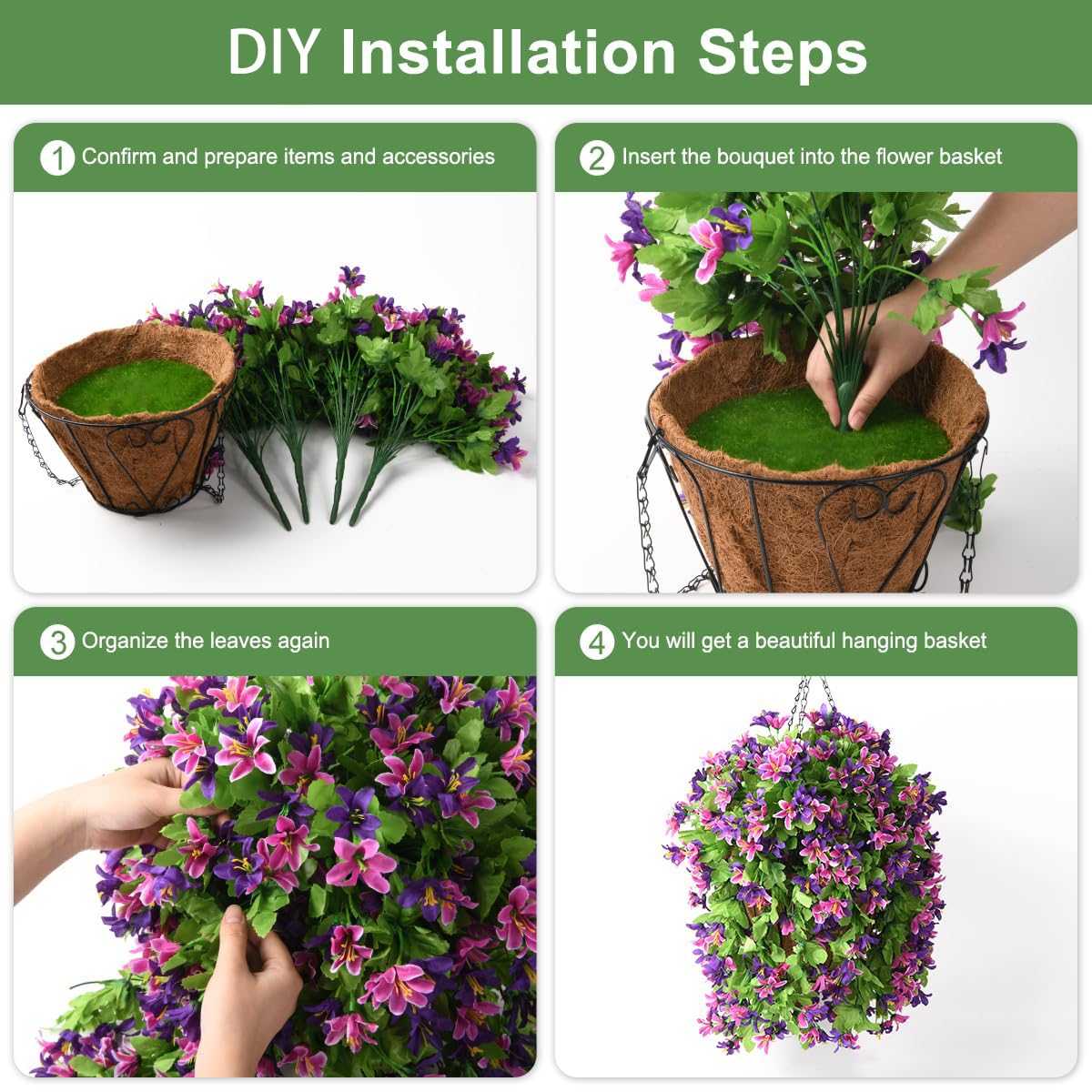 INQCMY Lot de 4 Fleurs artificielles Violettes à Suspendre dans Un Panier pour décoration extérieure, Bouquet de Fleurs Violettes en Soie synthétique résistant aux UV pour l'été, la Maison, la