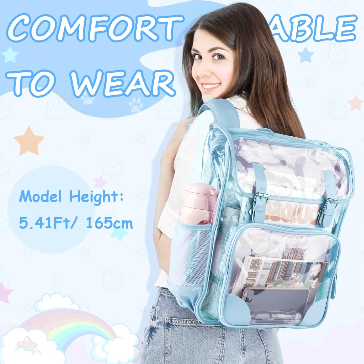 Clear Backpack,Heavy Duty Waterproof Clear Bookbag for School College Work Travel Security - Blue