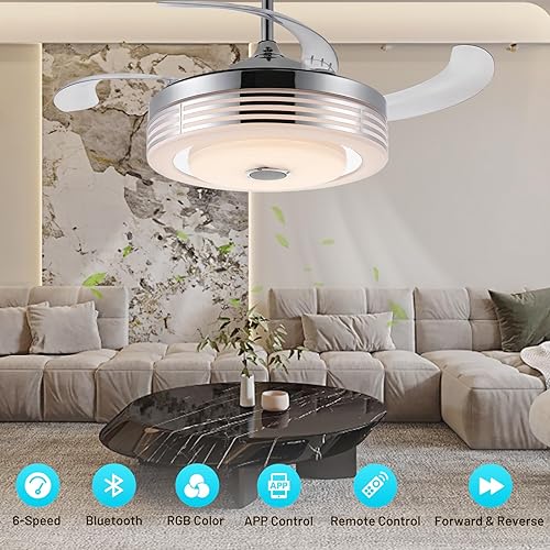 Miniatura 10 de Ventilador de techo retráctil de 42 pulgadas con luz y control remoto de aplicación, lámpara de altavoz Bluetooth, luces regulables de color RGB