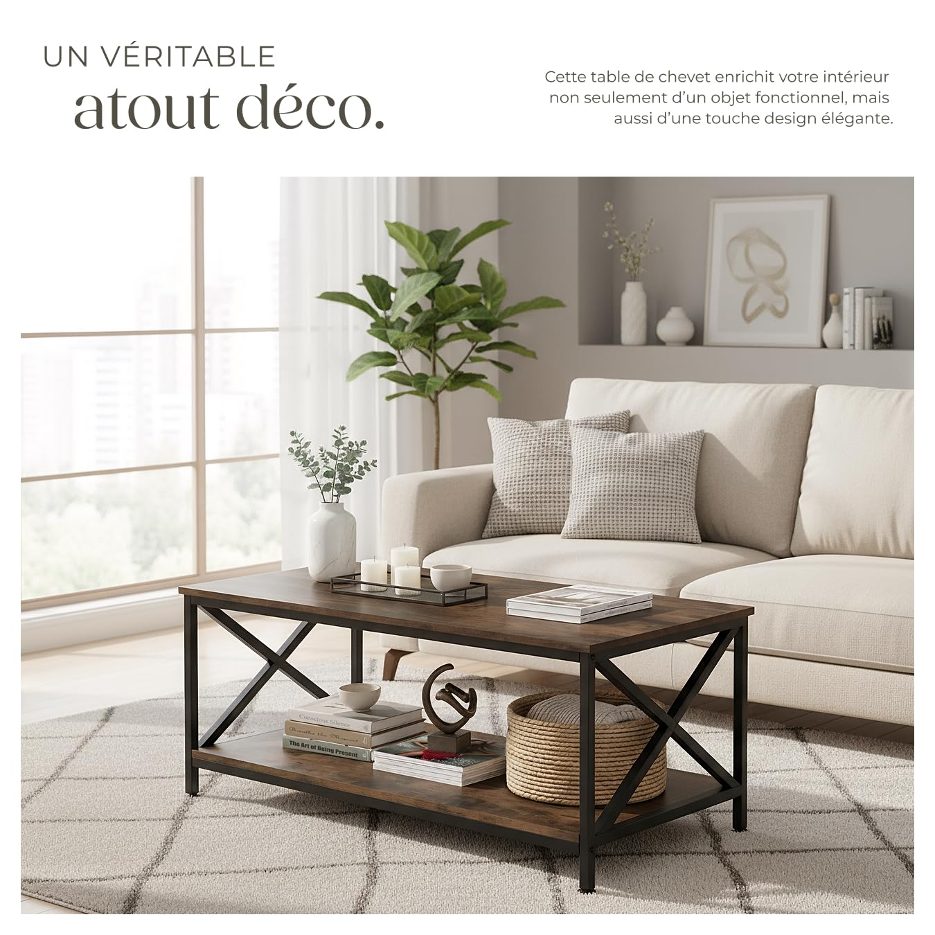 tectake® Table basse Salon 100 x 55 x 45,5 cm, Table basse à 2 niveaux, Style industriel, Bout de canape Meubles de Salon Meuble Bureau Chambre Décoration Maison Meuble d'appoint Rangement, Bois foncé