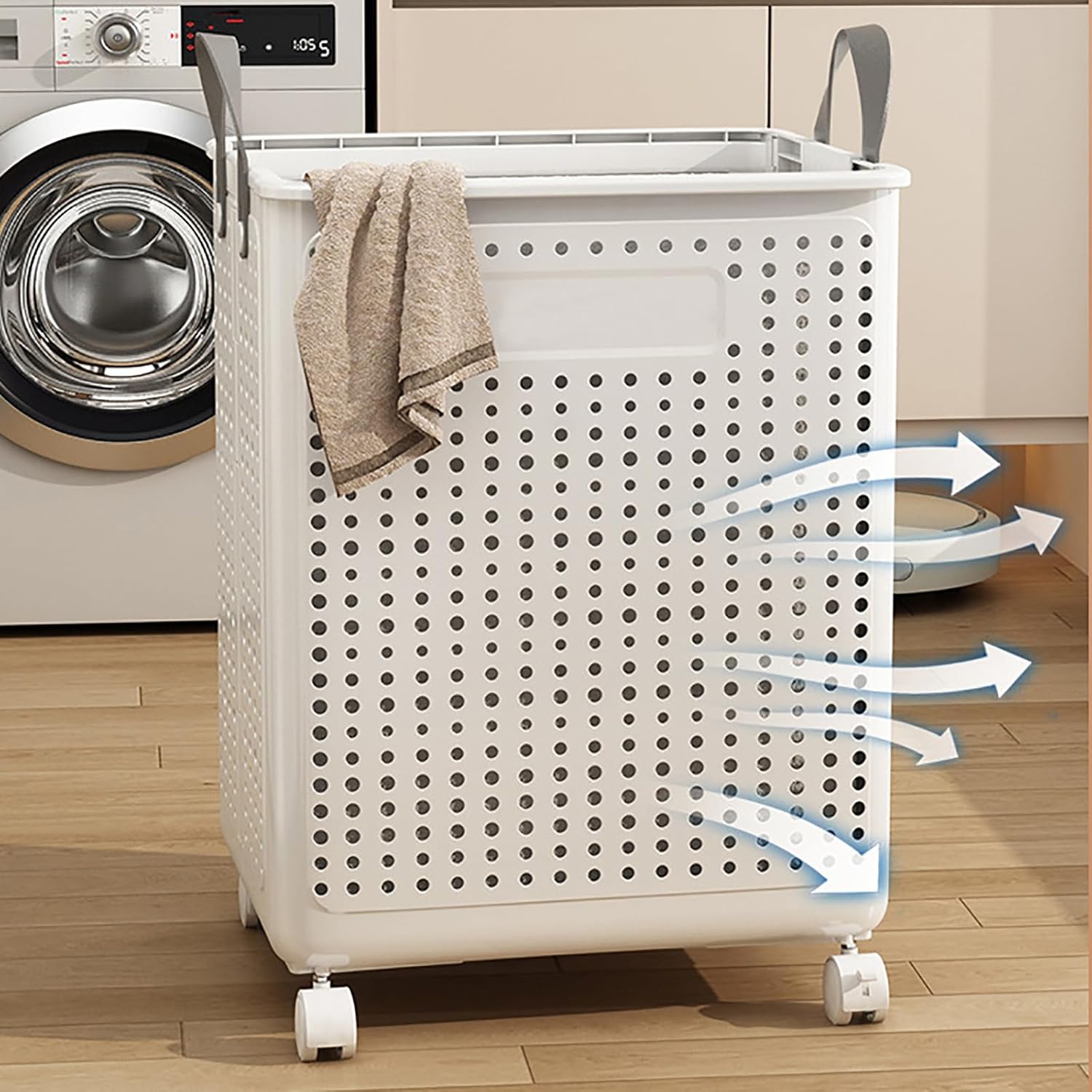 Plastic Basket with Handles Foldable Handle Basket Collapsible Laundry Hamper Folding Laundry Organizer Carry Plastic Baskets for Clothes White (Big)