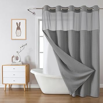 eachope No Hook Waffle Shower Curtain with Snap-in Liner, 71x74 Inch, Grey
