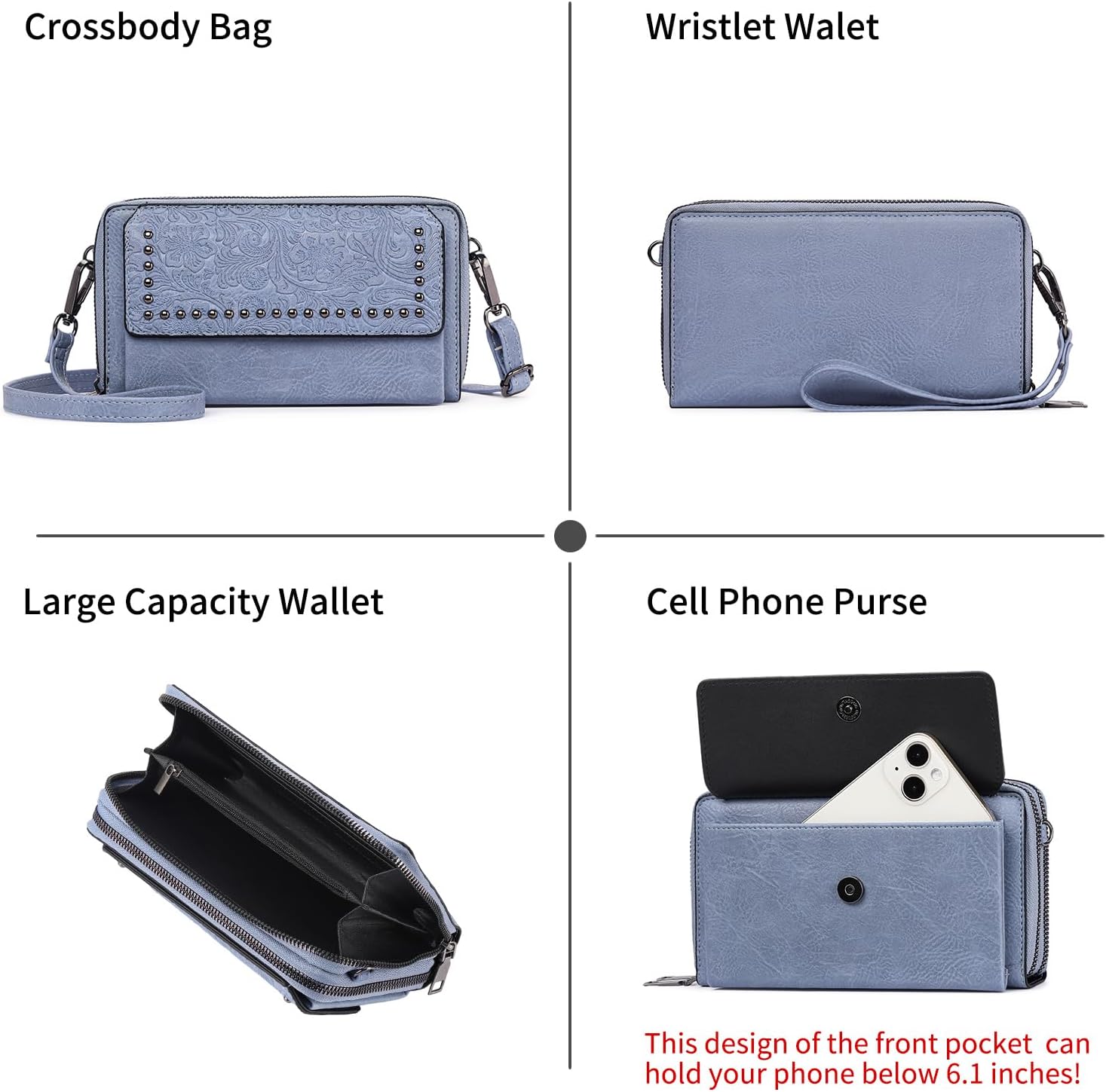 FALAN MULE Crossbody Bags for Women Small Leather Cell Phone Wallet Wristlet Purse with Zip Around 2 Strap - Image 6