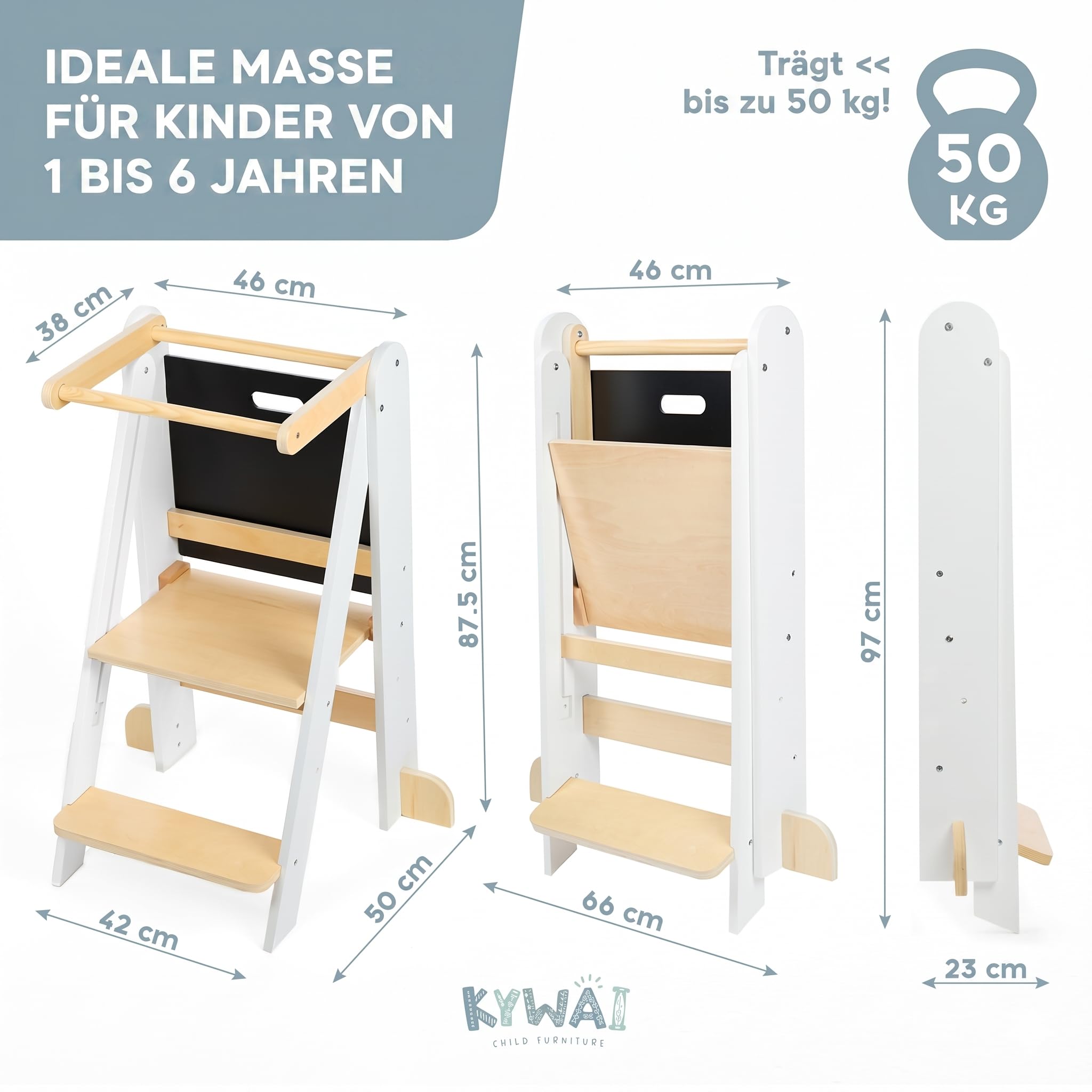 Lernturm ab 1 Jahr Klappbar, Lernturm Klappbar mit 2 Höhen, Abnehmbarer Tafel, nordisches Design, Kippschutz – FSC-Holz – Marke mit Engagement für globale Wiederaufforstung