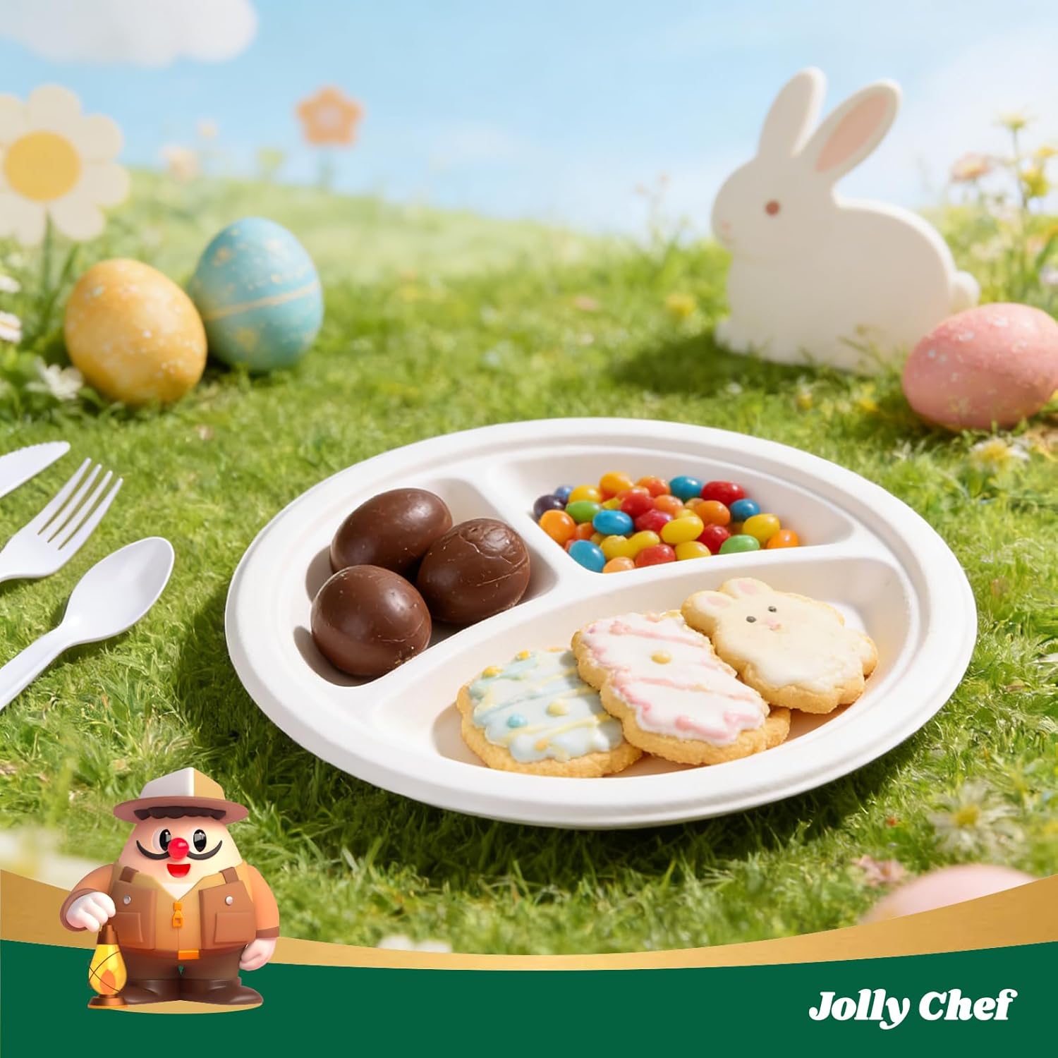 JOLLY CHEF Compostable 𝟯 Compartment Paper Plates 𝟵 𝗜𝗻𝗰𝗵 [𝟭𝟱𝟬 𝗣𝗮𝗰𝗸] Heavy Duty Divided Disposable Eco-Friendly Bagasse Biodegradable White Round Trays for Party Dinner Lunch Christmas