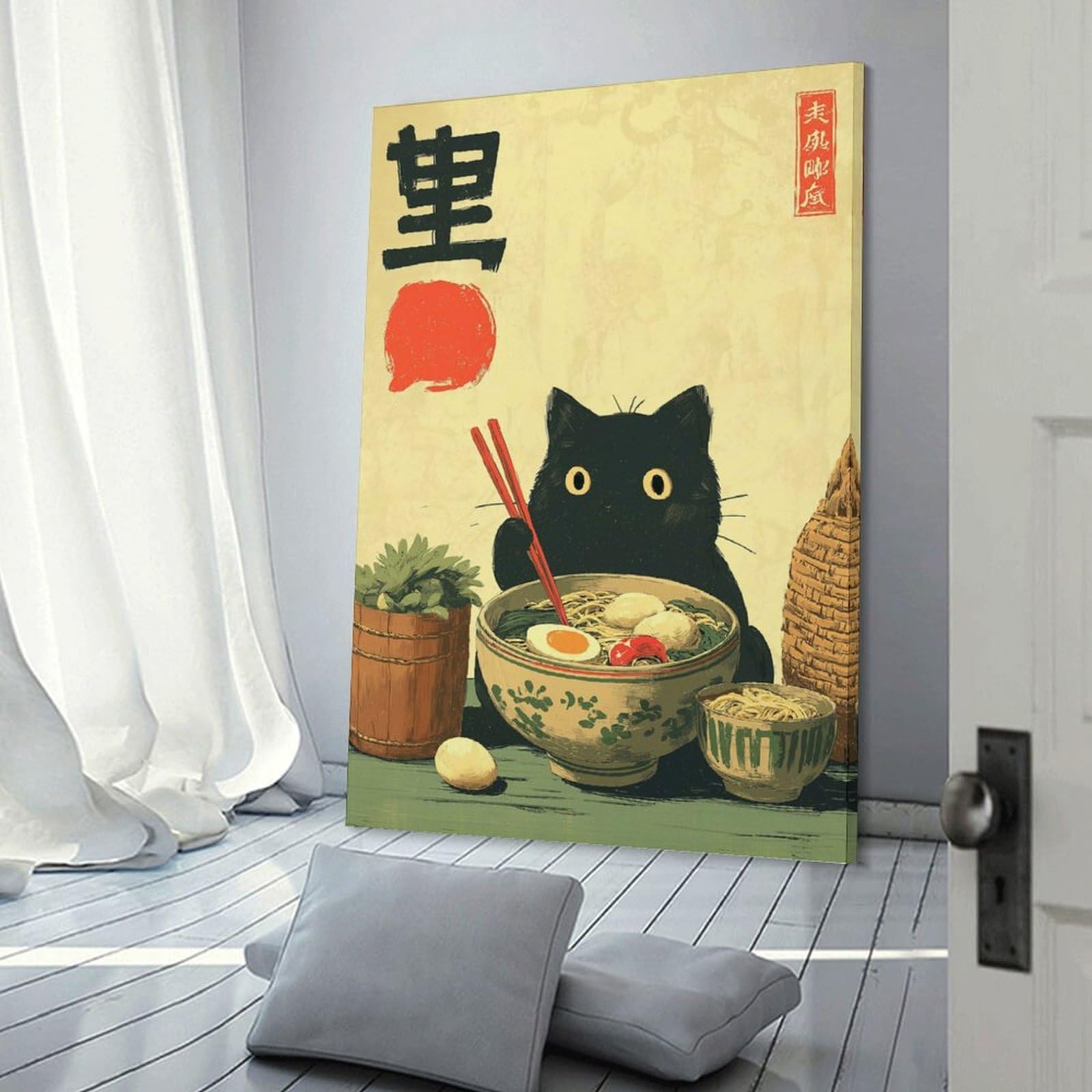 Junmoney Black Cat with Ramen Bowl Art Wall Art Print 24x36inch(60x90cm), for Living Spaces, Bedrooms Or Relaxed Rooms, A Home Accent with Warm Character