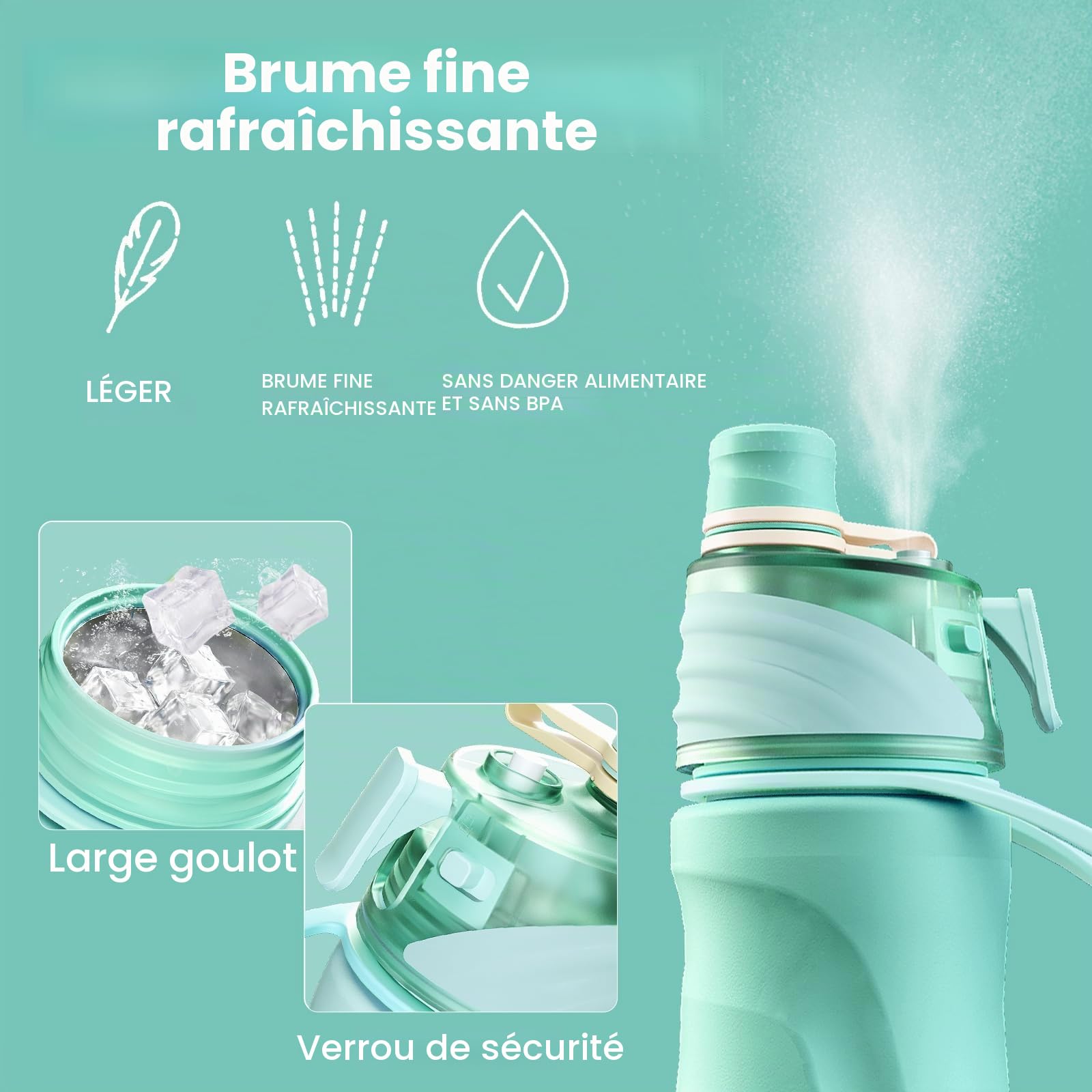 magcheer 710ml Gourde Brumisateur Isotherme Gourde Inox Spray Bouteille Sport avec Brumisateur Intégré pour le Vélo, la Randonnée, le Sport, l'Hydratation et le Refroidissemen(Vert menthe)