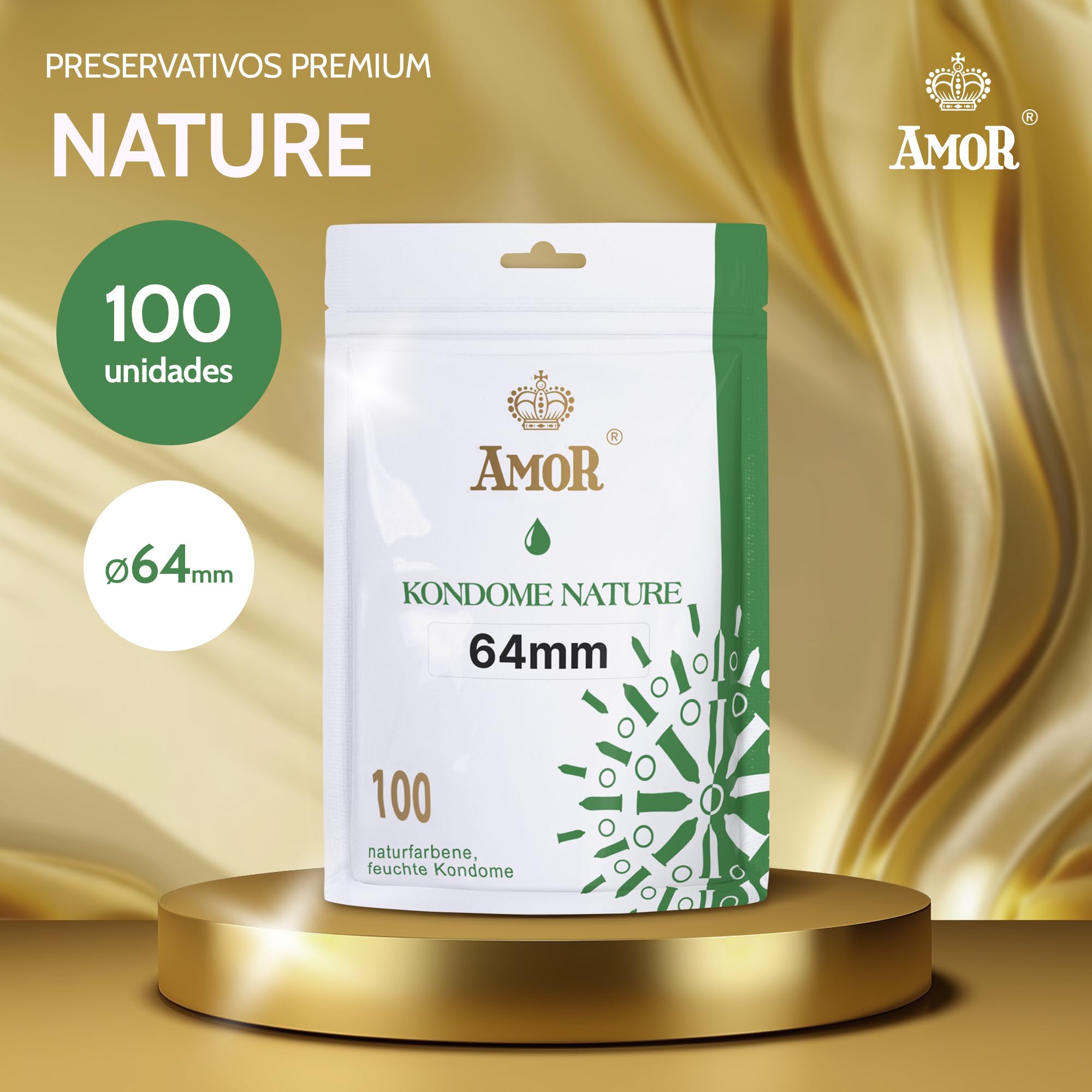 AMOR NATURE Ø 64 mm 100 Preservativos Premium, colocación perfecta y tamaño adecuado para todos, transparente