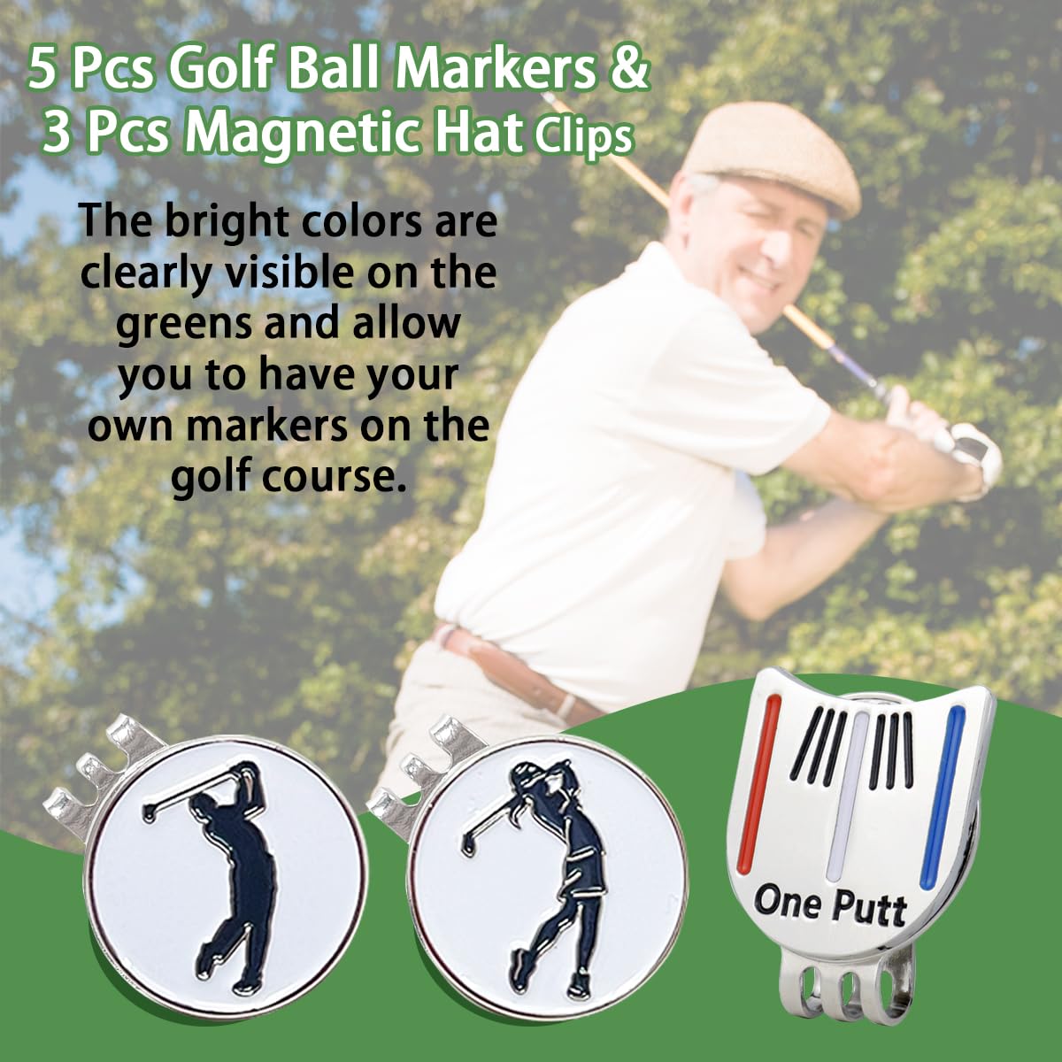 Juego de 8 marcadores de pelota de golf con clips magnéticos, accesorios divertidos para herramientas de golf, marcadores de pelota encajan en herramientas de golf divot, bolsa de sombrero,