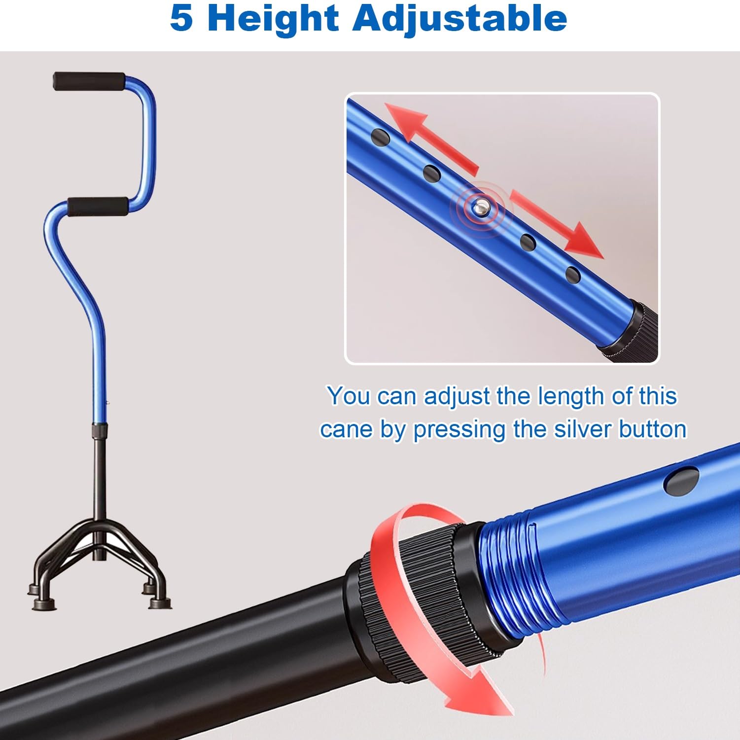 Bastón de 4 Patas Bastón Ajustable, Ligero Aluminio Ayuda para Caminar con Base Amplia para Mayor Estabilidad, Personas Mayores y Adultos Carga 180kg