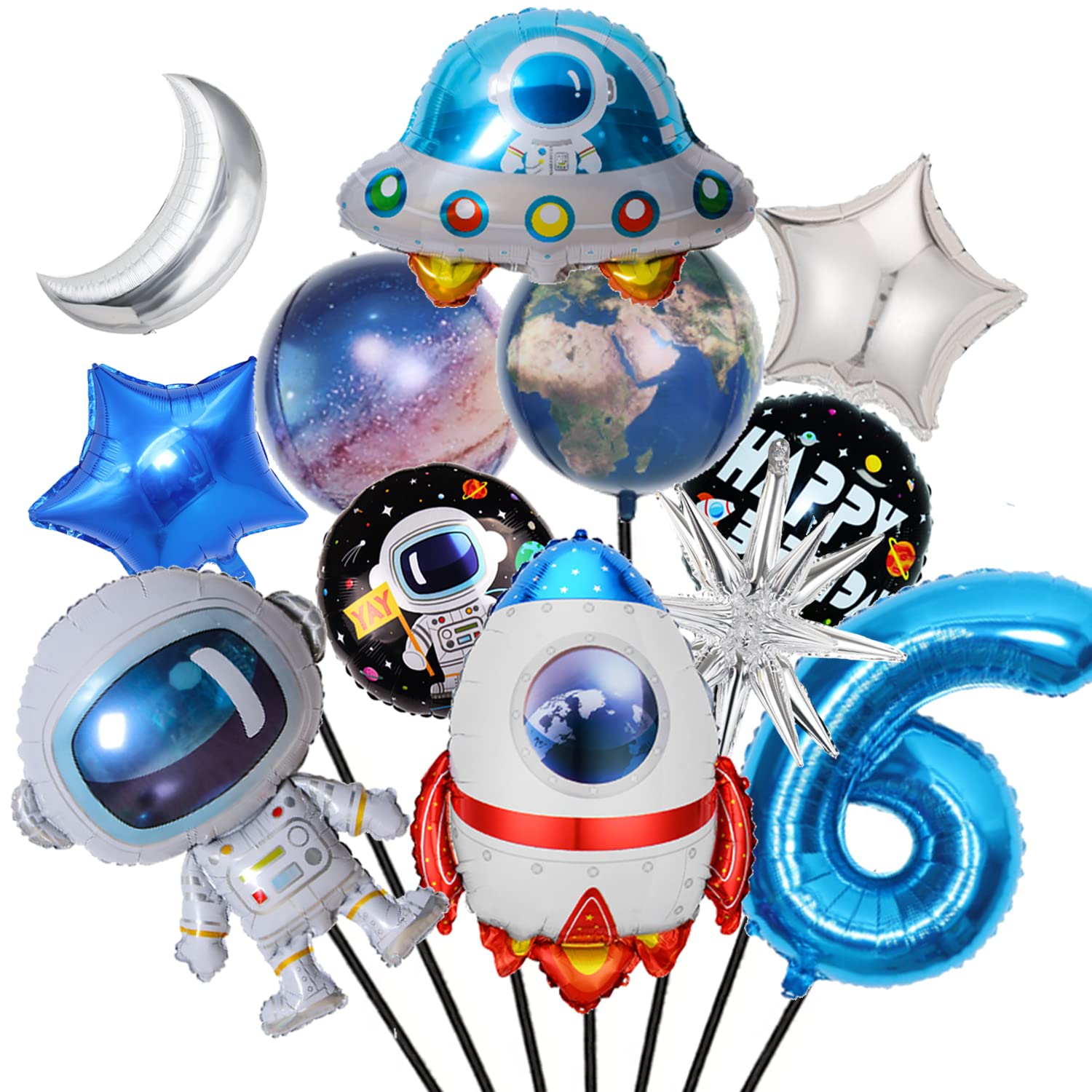 Finypa12Pcs Space Theme Birthday Party Decoration Astronaut Spaceman Foil Balloons,6th Outer Space Birthday Party Supplies,Galaxy Balloons for Boy 6 Year Old Birthday Decor