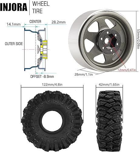 Miniatura 10 de INJORA Juego de neumáticos de barro 1.9 S5 Offset -0.350 in Beadlock llanta de rueda para 1/10 RC Crawler Car Axial SCX10 90046 UTB18 TRX4 SCX10 Pro