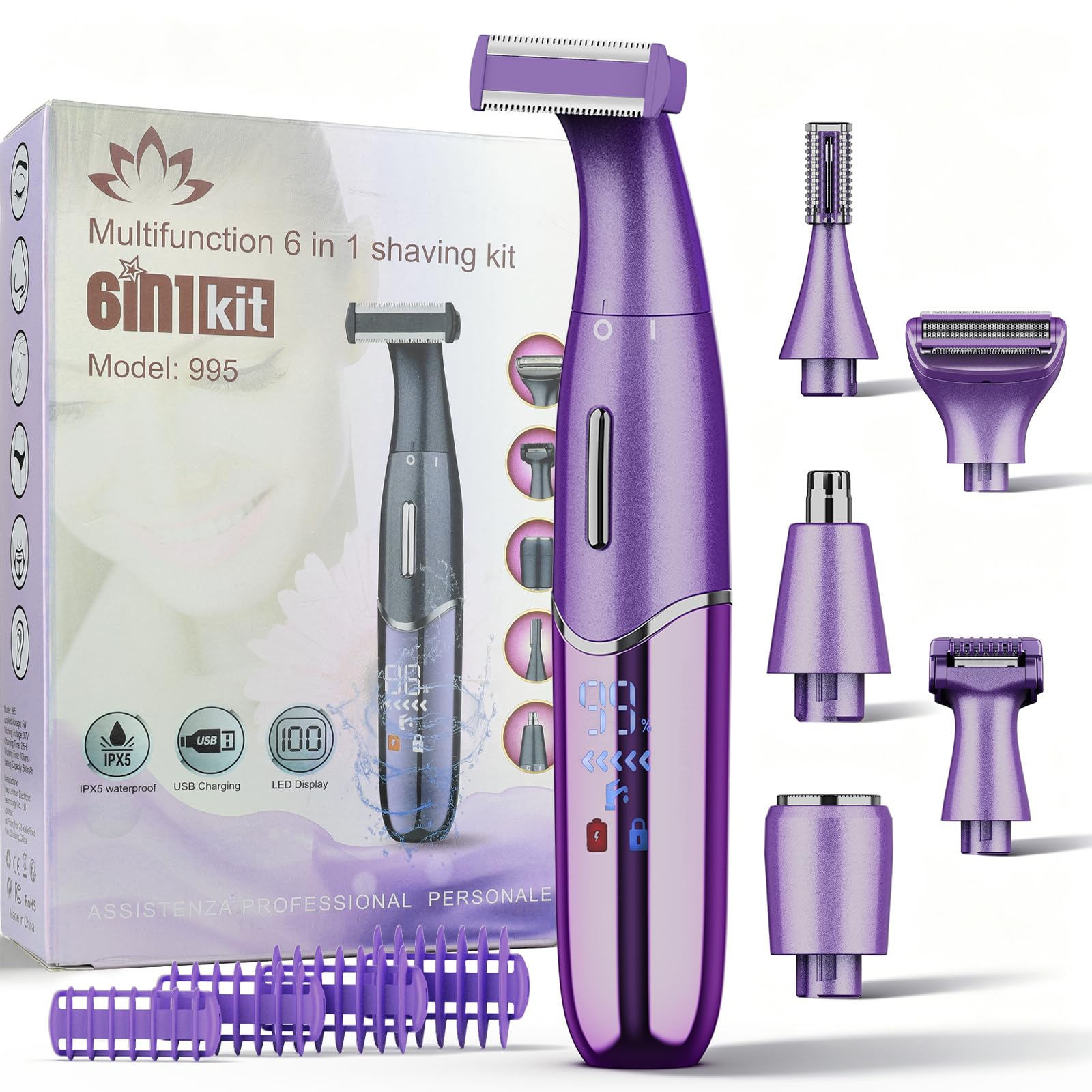 Qreeyx Maquinilla de afeitar eléctrica 6 en 1 para mujer, afeitadora corporal inalámbrica recargable por USB, removedor de vello húmedo y seco, indoloro para cara, axilas, bikini y áreas privadas