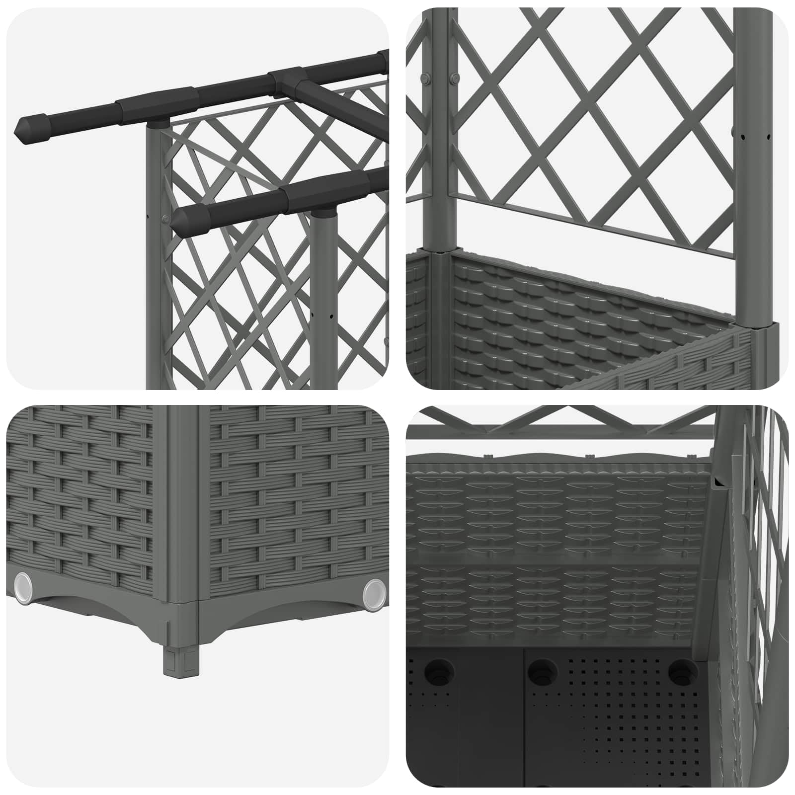 Aiuola rialzata con traliccio e tetto, grigio chiaro, 202 x 40 x 136 cm, in polipropilene | Fioriera flessibile per balcone e terrazza con aiuto per arrampicata integrato e pratico sistema di drenaggio.