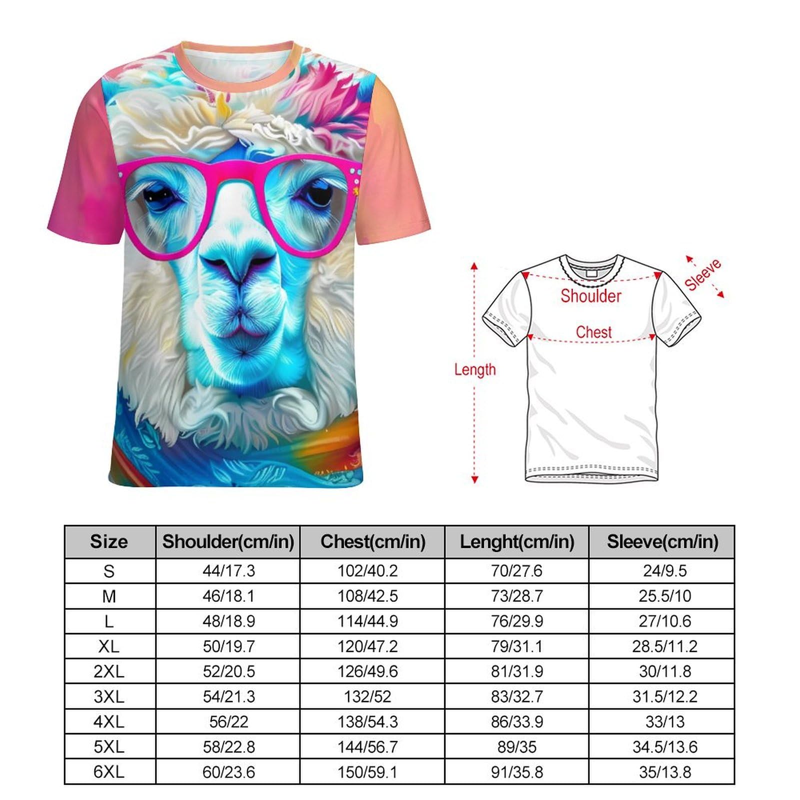 Colorful Alpaca Unisex Adult T-Shirts Summer Short Sleeve Tee Casual Tops Funny Graphic L