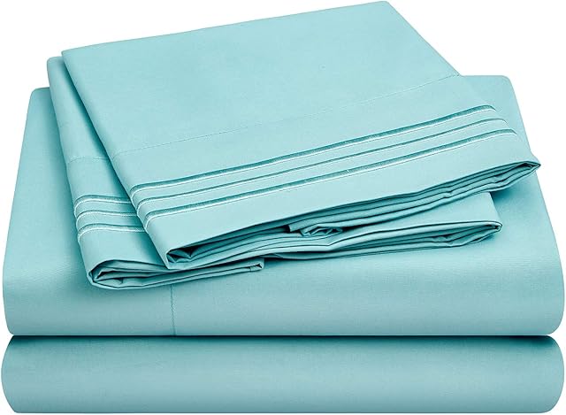 HOMEIDEAS King Bed Sheets 4 Piece 3-Line Embossed Spa Blue Sheets Set Extra Soft Brushed Microfiber 1800 Sheets Deep Pocket, Wrinkle & Fade Free
