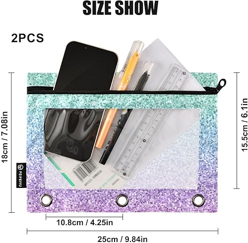 Miniatura 3 de Estuche para lápices de 3 anillos con purpurina de colores degradados con cremallera, estuche transparente para lápices, bolsas para suministros