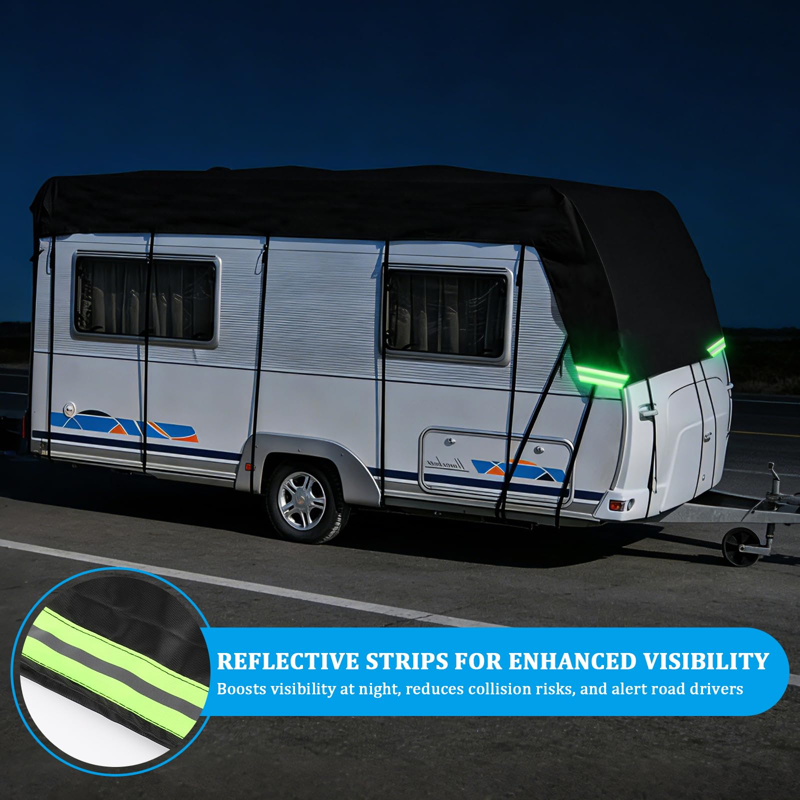 EXLECO Funda protectora para caravana, 6,5 x 3 m, impermeable, resistente al sol, resistente a la intemperie, lona de protección de techo 210D Oxford, cubierta de techo con tiras reflectantes