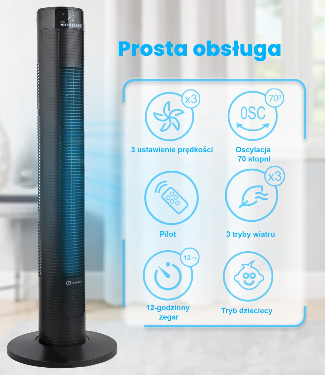 PureMate Cichy Wentylator Kolumnowy z Pilotem Zdalnego Sterowania, Wieżowy Stojący Podłogowy, 45W, Wysokość 97 cm, Bezśmigłowy Bezłopatkowy Chłodzący, Automatyczna Oscylacja 70°, 12h Timer