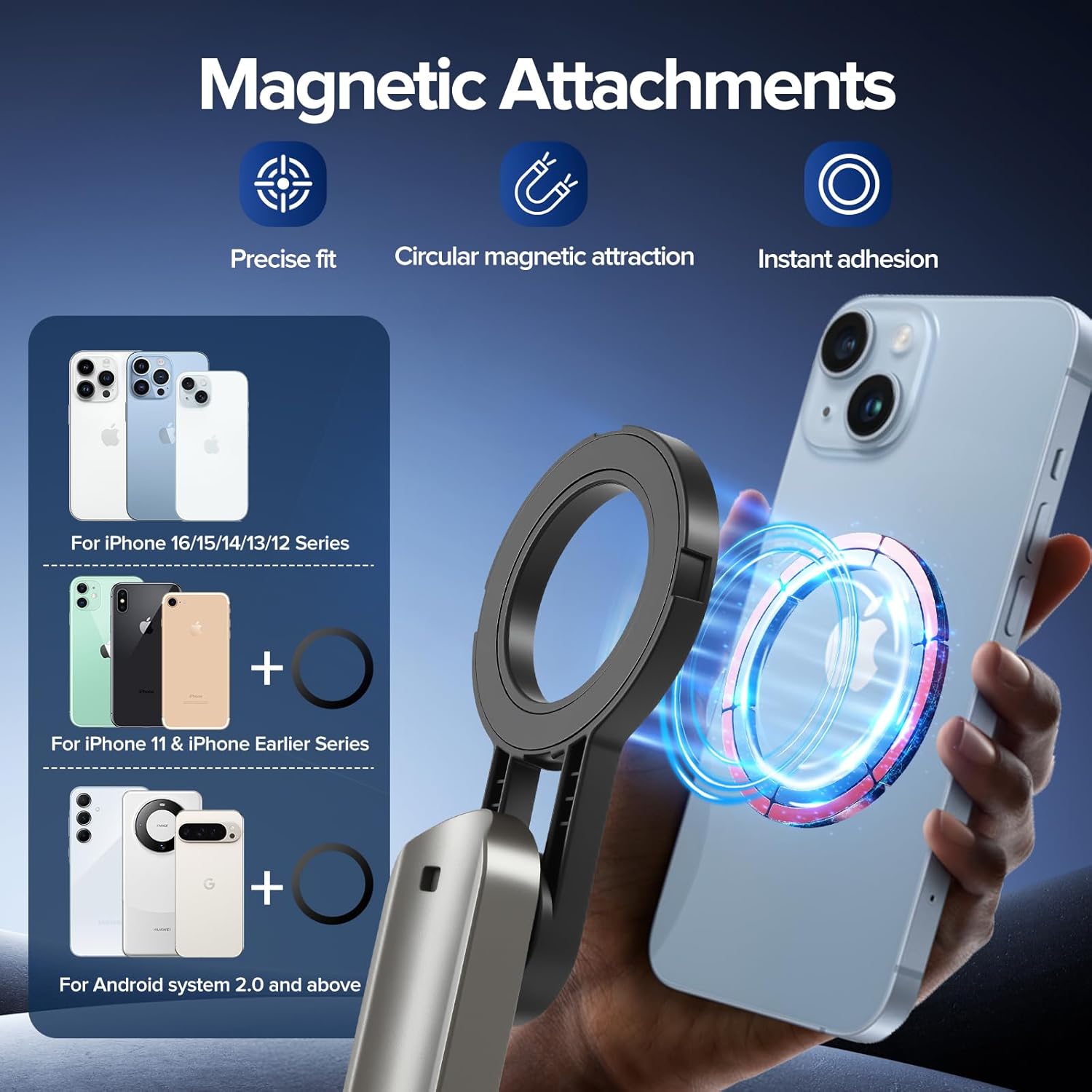 Magnetic Mini Phone Selfie Stick, 4-in-1 Portable Magnetic Selfie Stick for iPhone/Android, Magnetic Chuck＆Clip 2 in 1, with Remote & 2 Fill Light for Photography, Vlogging, TikTok
