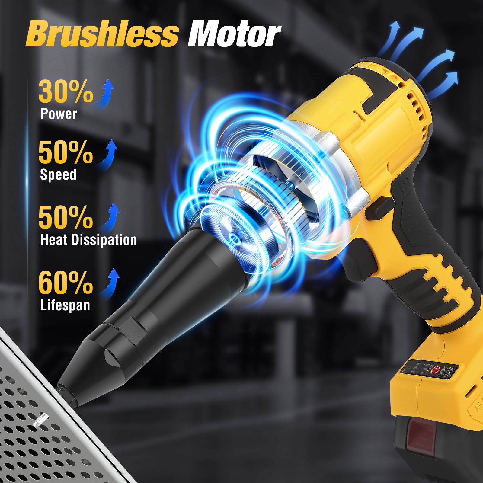 Rivettatrice a batteria con motore brushless, compatibile con batterie da 20 V, con luce da lavoro a LED e 3 ugelli per fai da te e costruzione