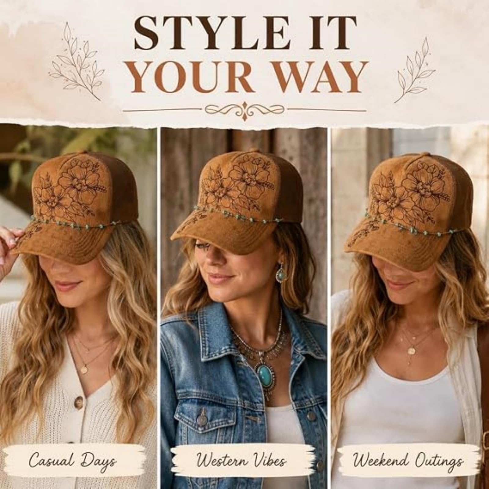 Generico Cappello da Camionista in Pelle Scamosciata bruciata con Applicazioni Floreali, Catena con Delicate Pietre turchesi, Retro in Rete Regolabile, Stile Western Boho Cowgirl.