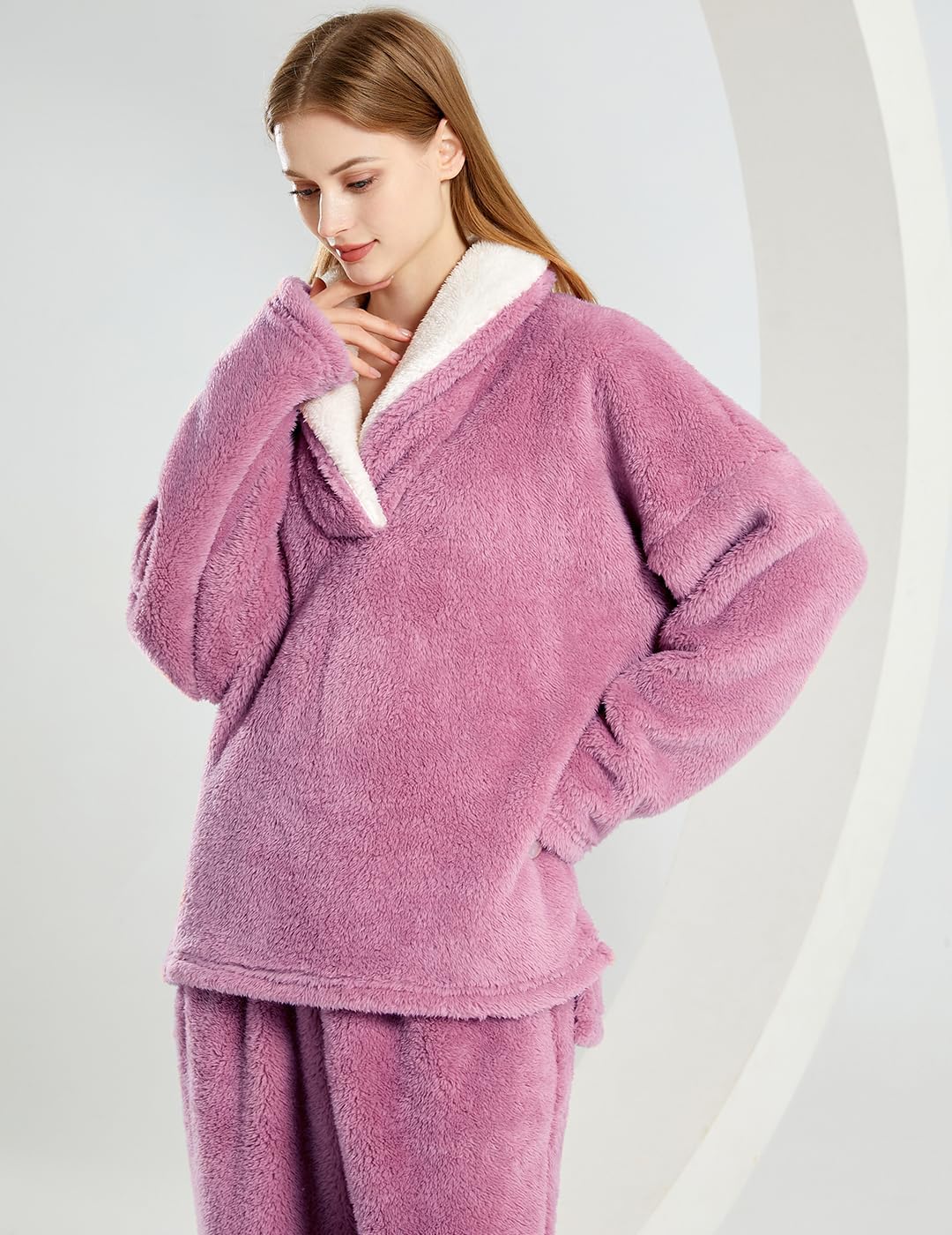 Women's Fluffy Loungewear Sleepwear Lounge Casual Pajamas Sets Loose Long Sleeve Fleece Pullover and Pants Set - Image 6