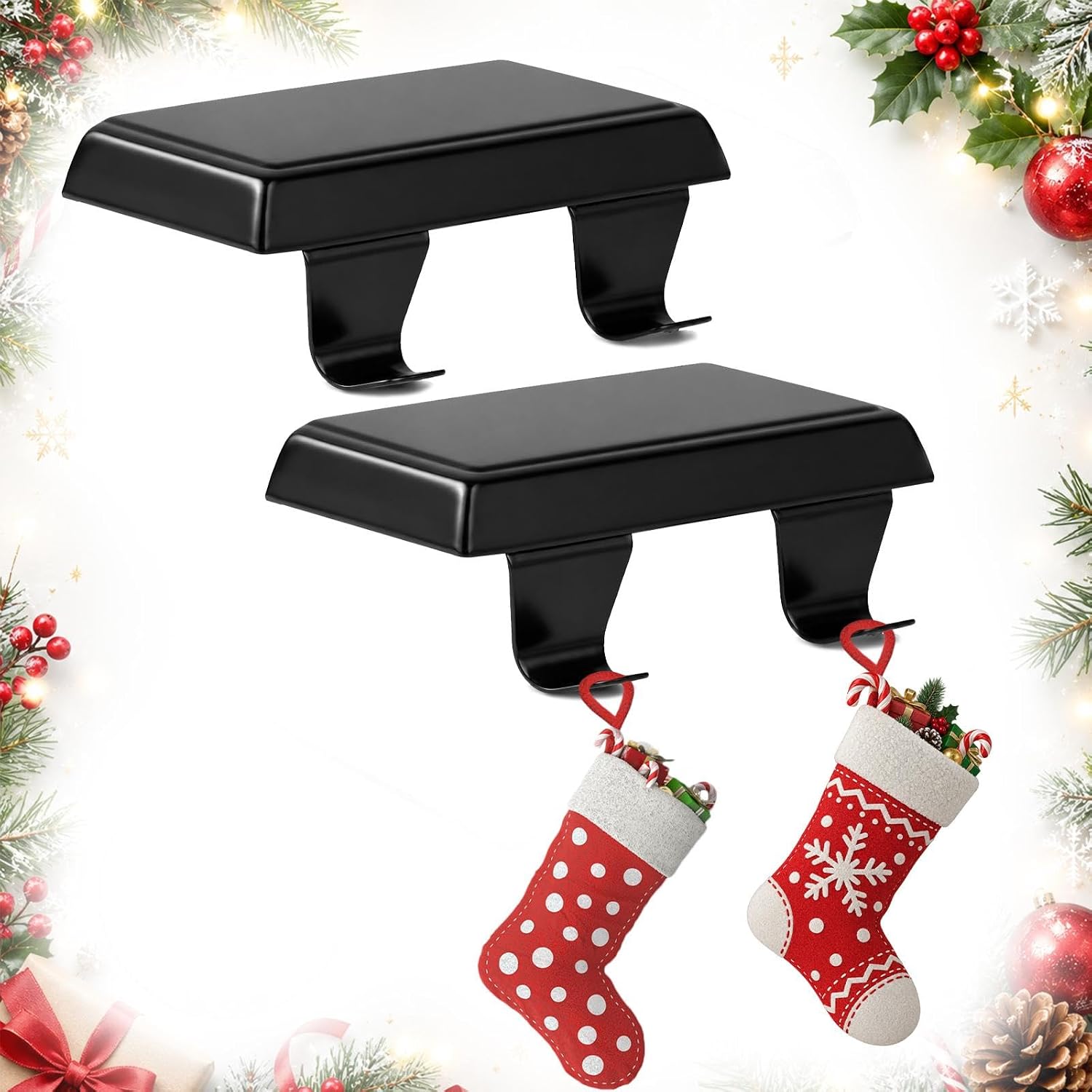 Christmas Stocking Holders, 2Pcs Metal Double Hooks for Fireplace Mantle