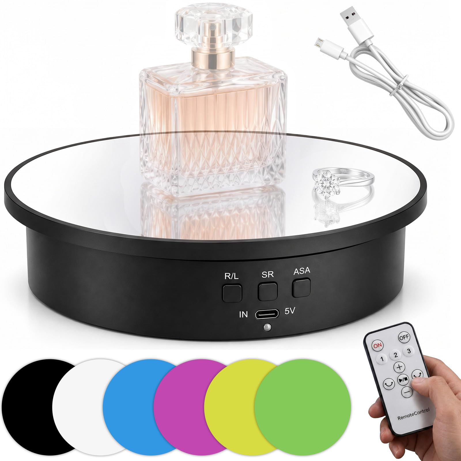Plato giratorio eléctrico de 25 cm, con 6 fondos, 3 velocidades, rotación de 90°, 180°/360°, capacidad de carga de 8 kg, plato giratorio motorizado con mando a distancia para fotografía de productos y