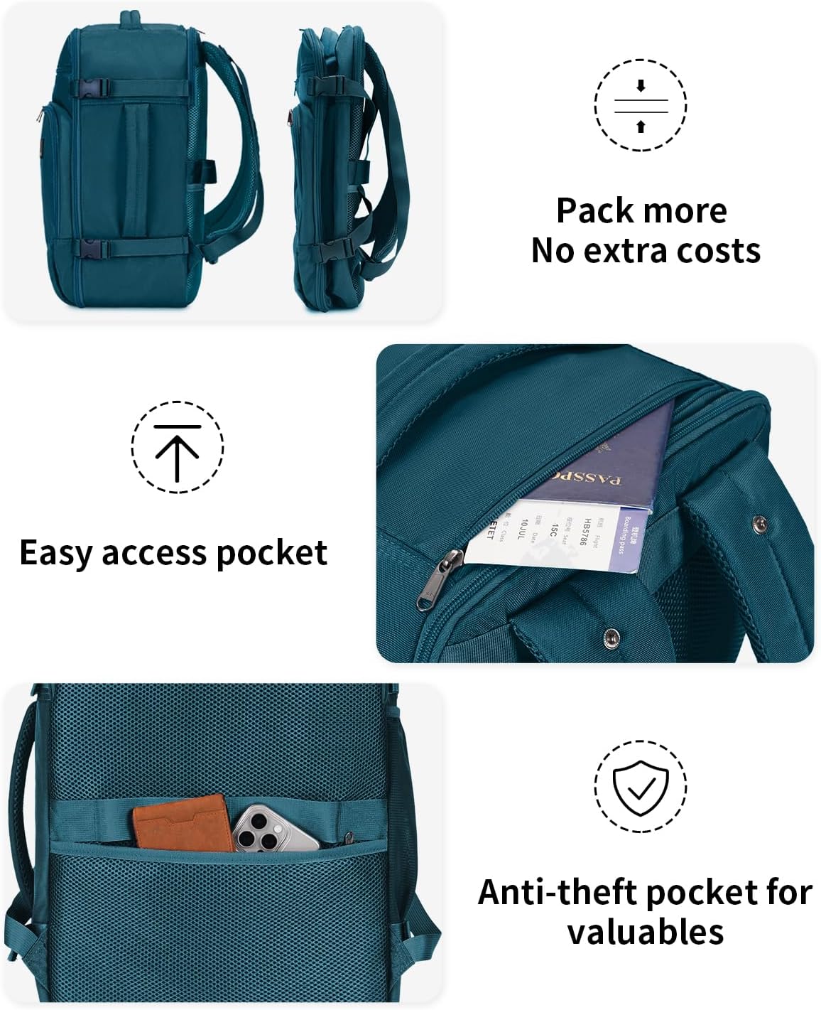 ECOHUB Travel Backpack for Women, 18x14x8 Spirit Airlines Personal Item Bag with Clear Toiletry Bag, Laptop Carry on Backpack with USB Port, Airline Approved Under Seat 14 Pockets, Blue Green - Image 8