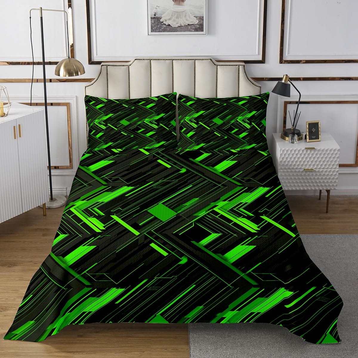 Erosebridal Green Black King Size Quilt Set for Boys Teens, Modern Geometric Bedspread Set Room Decor, Abstract Stripes Print Coverlet Set, Geometry Lines Bedding Set
