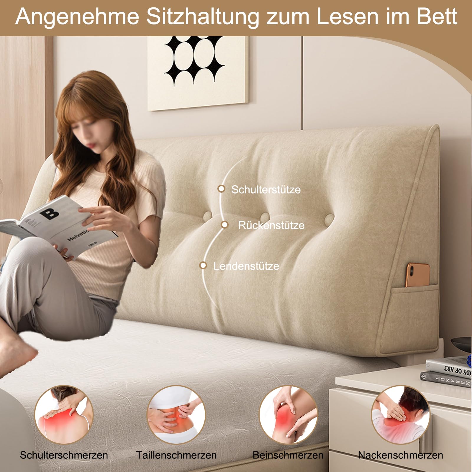 Cuscino da lettura a cuneo, cuscino per schienale, grande cuscino per divano o schienale letto, grande, triangolare, supporto lombare, beige, albicocca, 60 x 50 x 20 cm