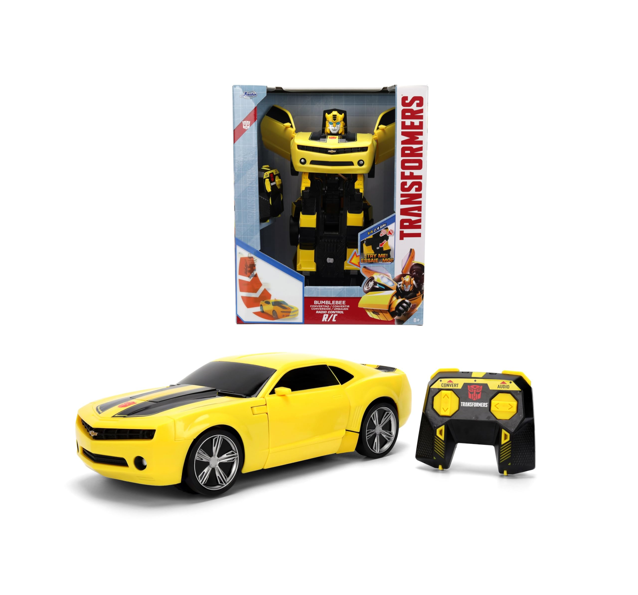 JADA, Radio Control Transformers Bumblebee convertible 28 cm, coche radiocontrol 2 canales 2,4 GHz, luz y sonido, se mueve en todas direcciones, se transforma de coche a robot, +6 años (9336112314R00)