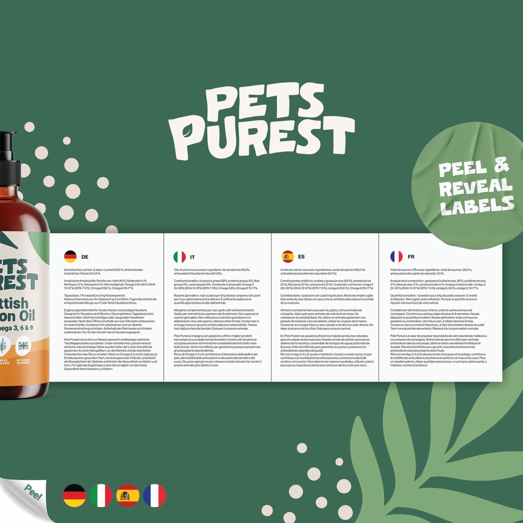 Pet Purest Olio di Salmone Scozzese per Cani, Gatti, Animali Domestici 500ml - Puro Olio di Pesce Integratore Alimentare Omega 3 6 9 per Pelo, Sistema Immunitario, Prurito, Articolazioni, Cervello