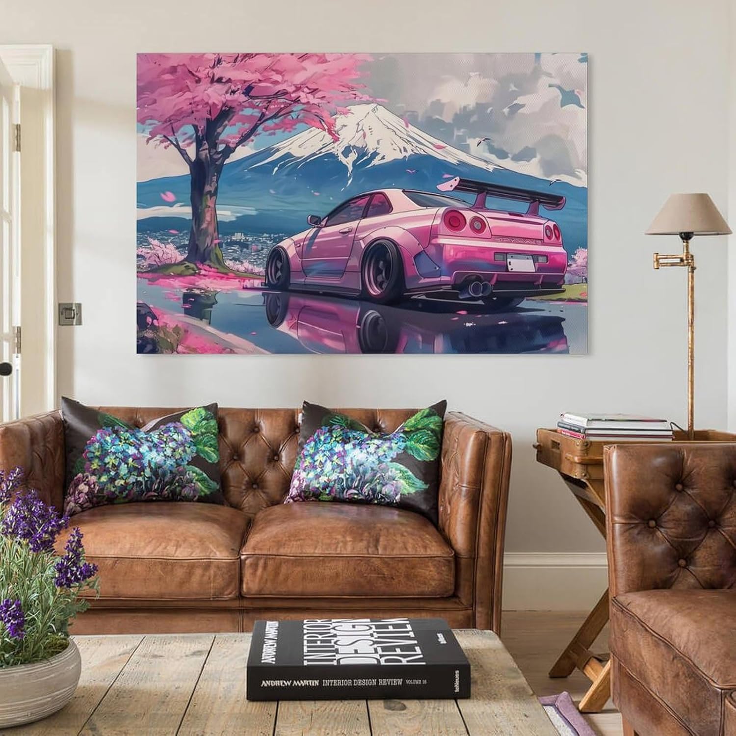 FeoYoed Canvas Wall Art Posters - Pink JDM Car R35 & Mount Fuji Cherry Blossoms Reflection - Modern Aesthetic Decor for Bedroom, Living Room, Office - 12x18 Inches (30x45 cm) - Image 3
