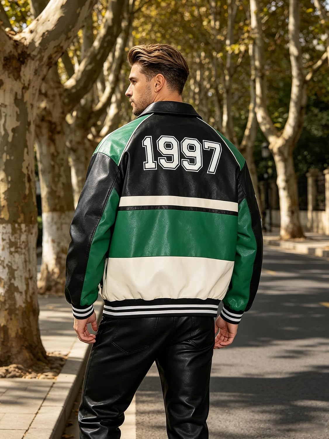 Men's Racing Jacket Faux Leather Racer Motorcycle Biker Jacket in Motocross Style