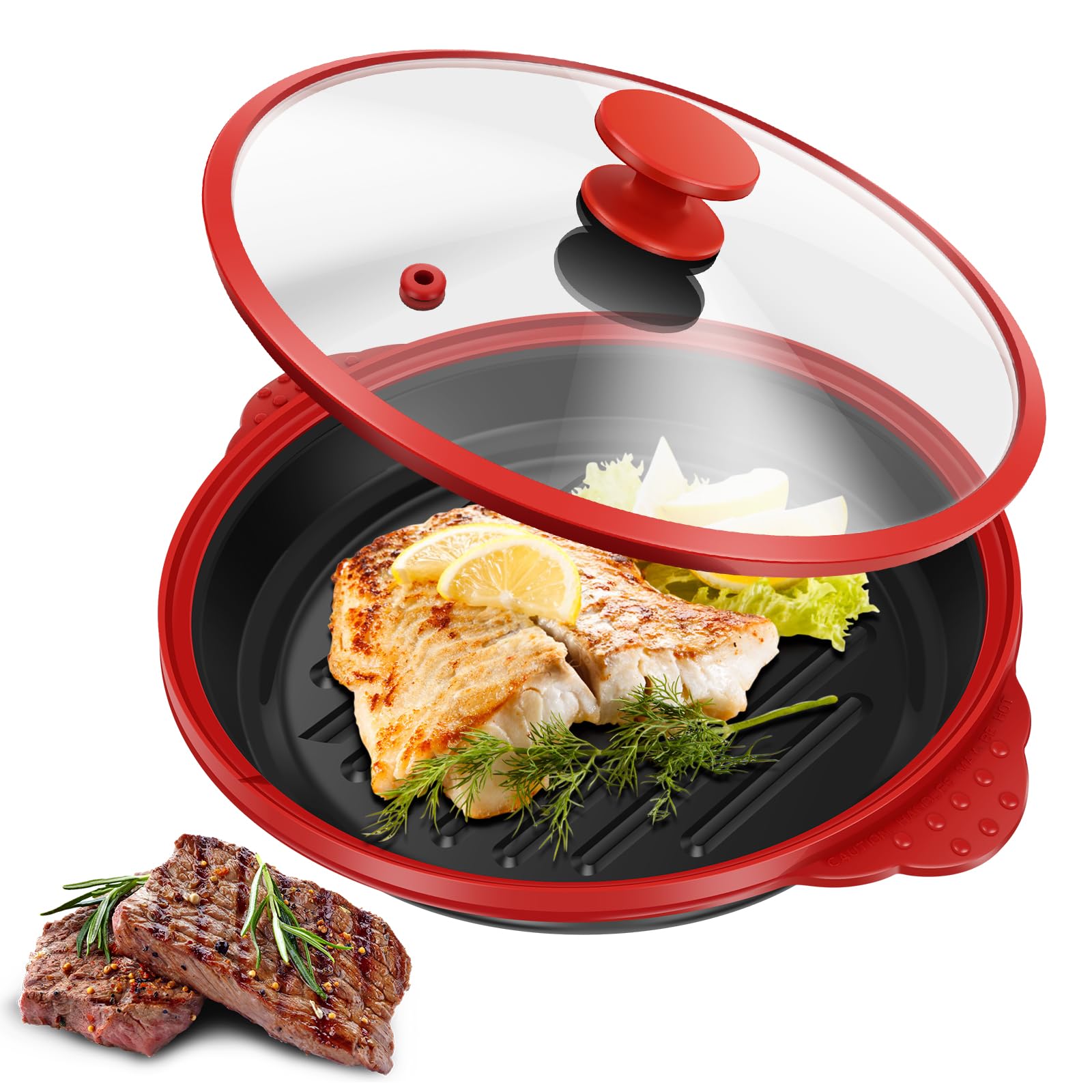 Microwave Grill Pan with Lid No-stick Fry Griddle Crisper Pan 800ml Microwave Cookware 27.5 * 23 * 8.5 cm Baking Pot with Splash-Proof Lid Frying Pot for Grilling, Steaming and Baking