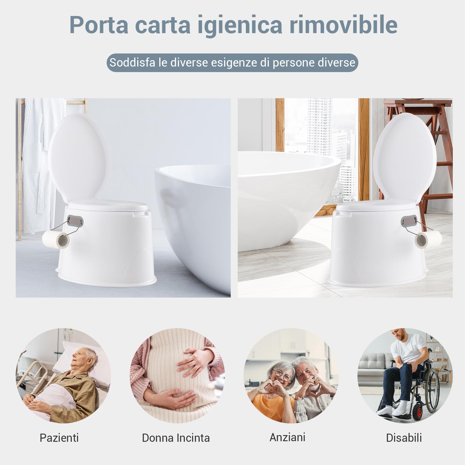 COSTWAY Toilette Portatile WC Chimico, WC da Viaggio Leggero con Secchio Interno Rimovibile,Water Portatile per Adulti e Anziani con Portarotolo, Supporto Carico 200 KG, 41 x 49 x 34 cm (Bianco)