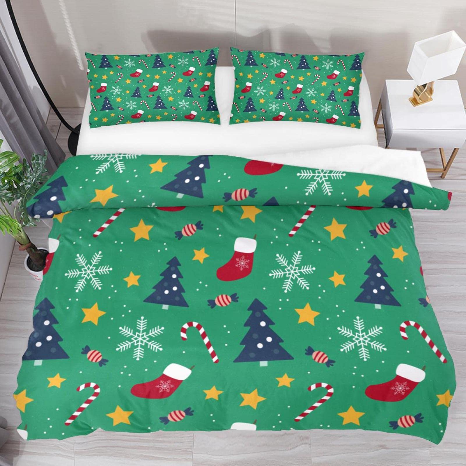 Merry Christmas Tree pończochy zielone tło poszewki na kołdrę miękka kołdra zestaw pościeli z zapięciem na zamek błyskawiczny, łatwa pielęgnacja tkanina 3 sztuki (1 poszewka na kołdrę + 2 poszewki na poduszki)