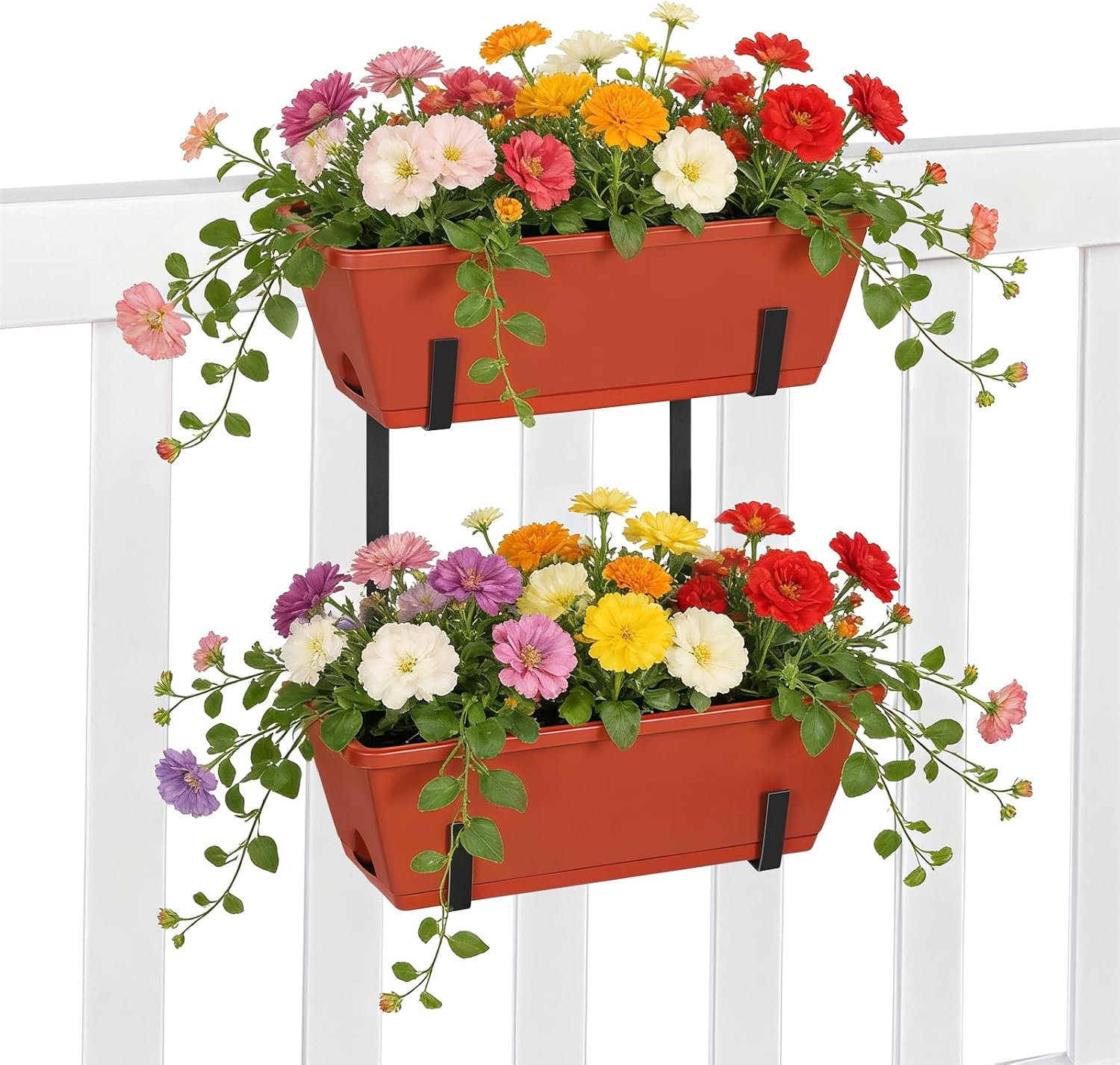 Railing Planter Boxes 17 Inches Rectangular Window Box Planters with Flower Box Brackets 2 Tier Adjustable Balcony Planters for Indoor Outdoor Herb Plants Hanging Porch Fence Rail