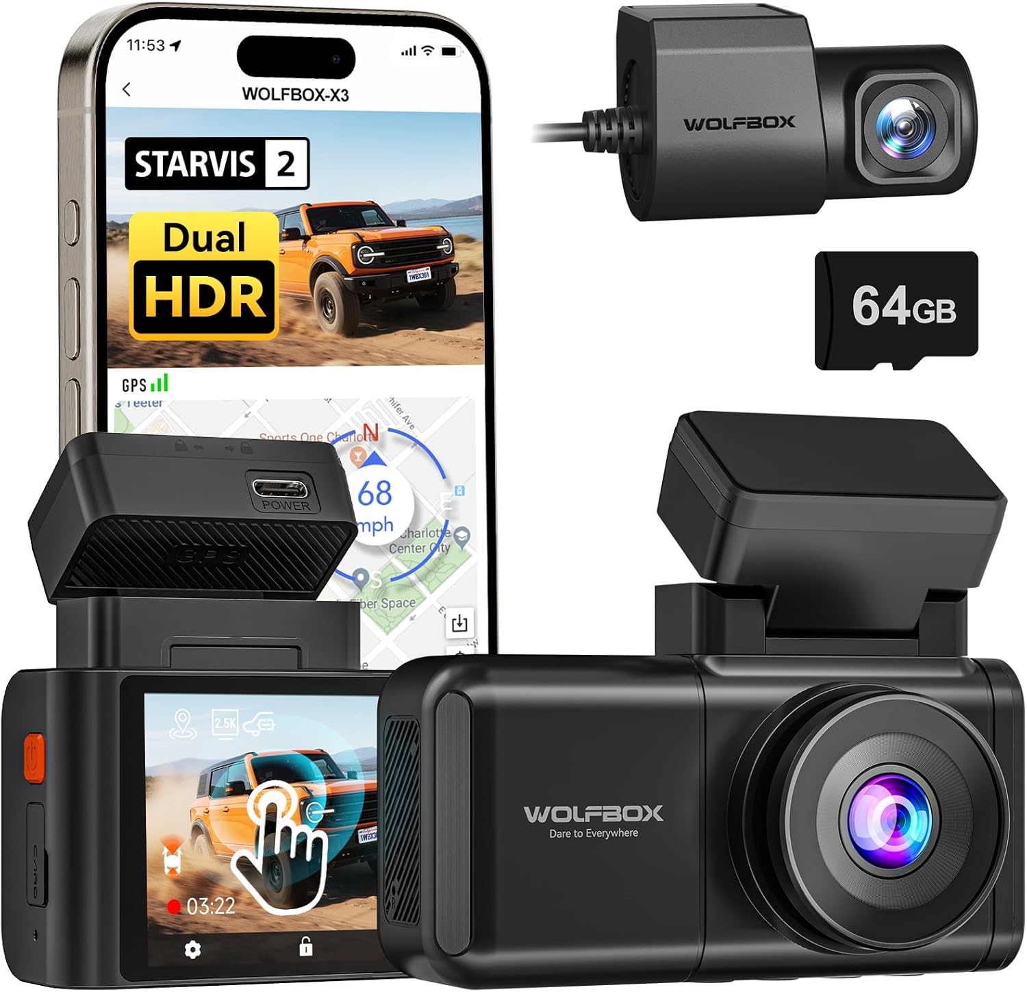 WOLFBOX X3 Dash Cam with phone app and 64GB card